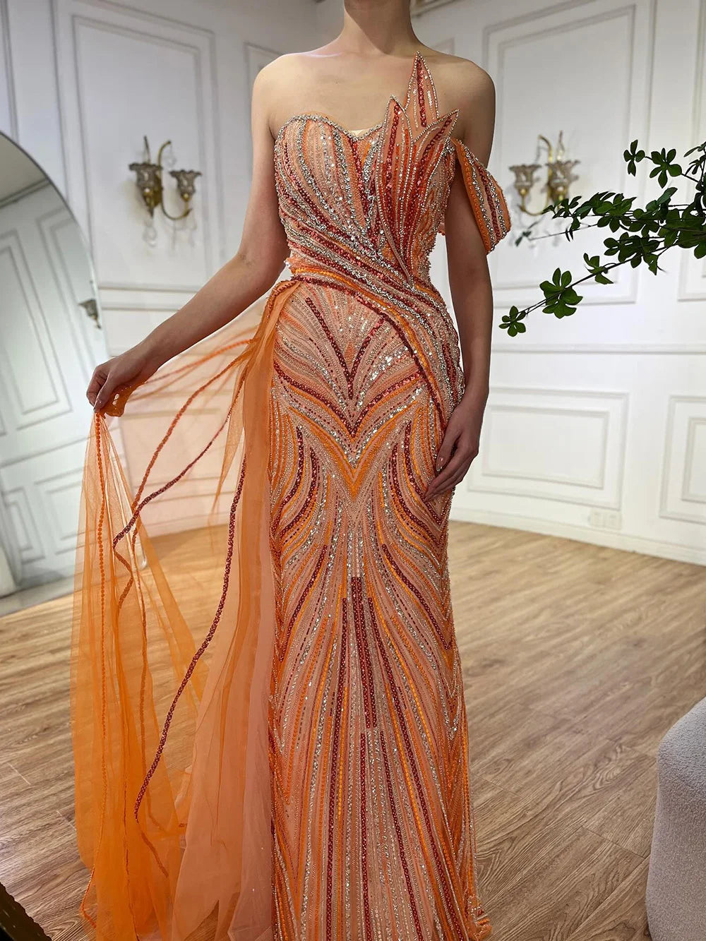 Elegant Arabic Blue One Shoulder Evening Gown with Beaded Side Overskirt - Luxury Dubai Style Women's Party Dress LA72662 for Prom, Gala & Special Occasions