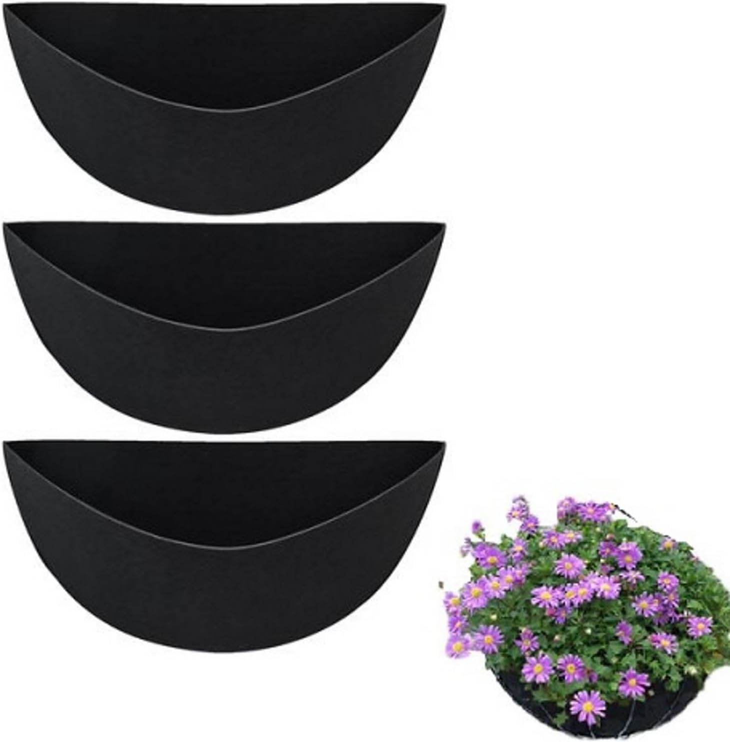 3PCS Half Round Planter Liners - 14 Inch Black Fabric Flower Basket Liners, Durable Felt Garden Liner Replacement for Hanging Baskets & Wall Planters | Perfect for Patio, Balcony & Indoor Gardening Decor