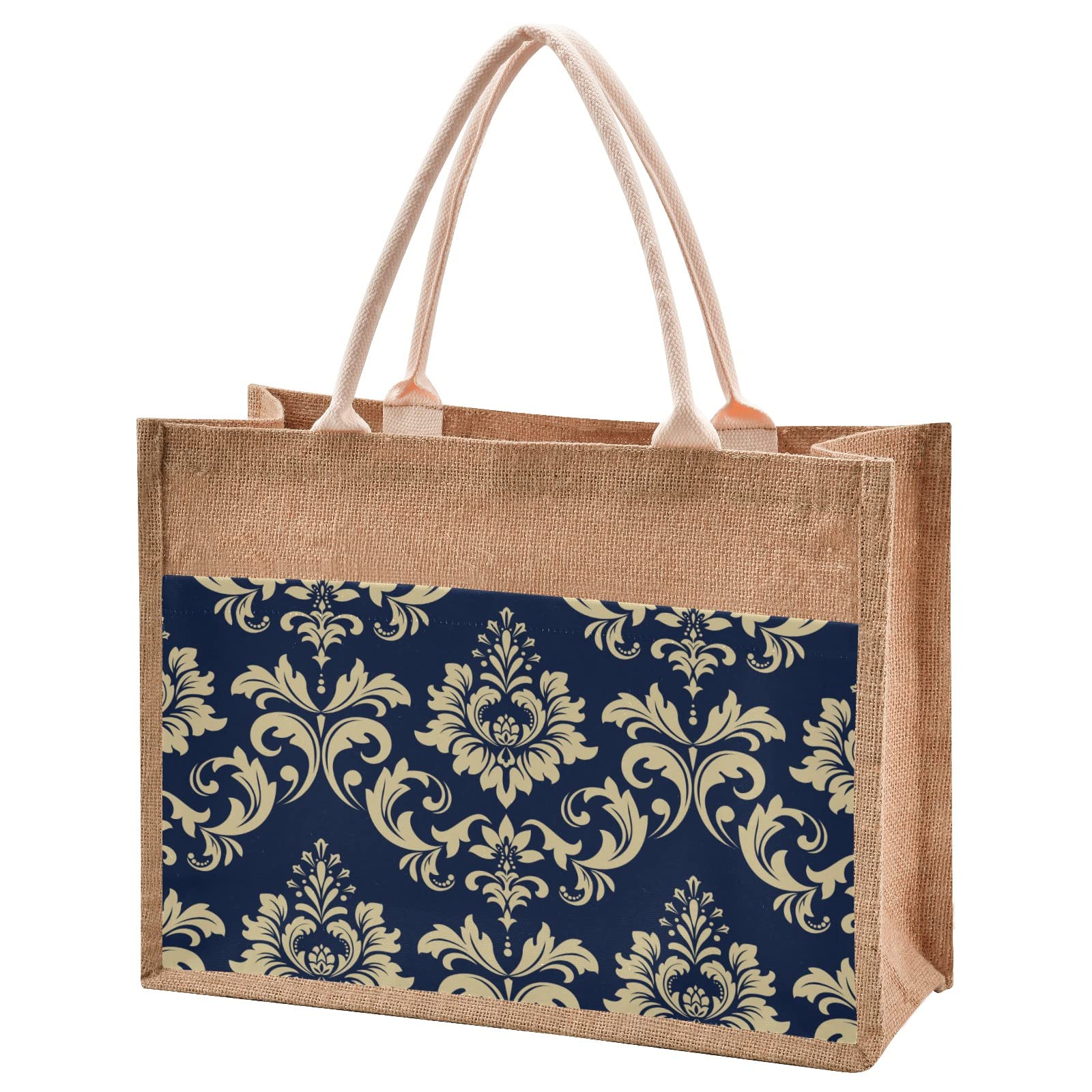Vintage Blue Jute Tote Bag - Waterproof Eco-Friendly Grocery Shopping Bag with Sturdy Handles for Women, Beach, Travel & Daily Use