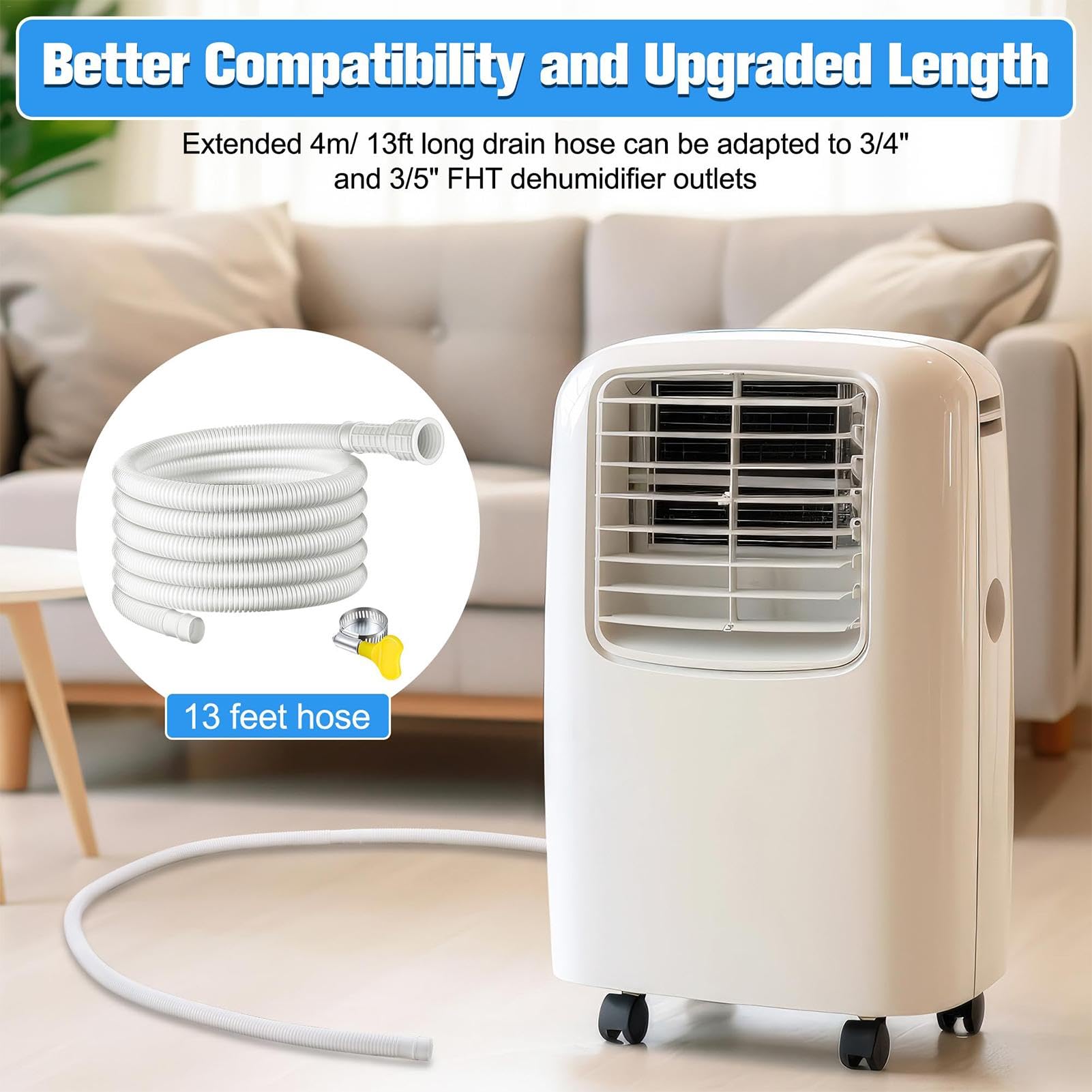 13FT Portable Air Conditioner Drain Hose - 3/5 Inch Leakproof AC Drainage Kit with Cuttable Rubber Adapter & Clamp for Dehumidifiers - Perfect for Home, Office, and RV Cooling Systems