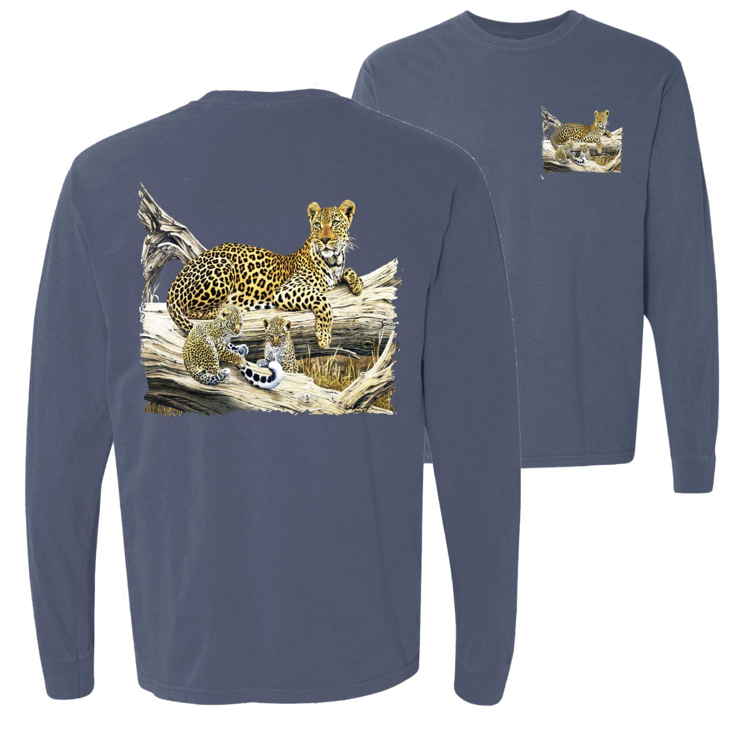 Wild Forest Spotted Cheetah Print Family Animal Lover Long Sleeve T-Shirt - Front & Back Garment Dyed Soft Cotton Tee for Wildlife Enthusiasts, Safari Outfits & Casual Wear
