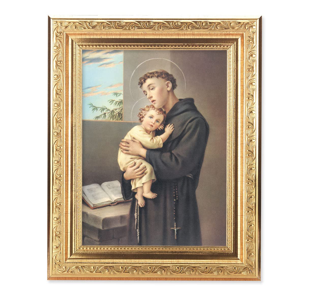 St. Anthony Religious Wall Art - Gold Leaf Antique Framed Picture with Acanthus Leaf Detail - Perfect for Home Decor, Church Altar & Catholic Gift Giving