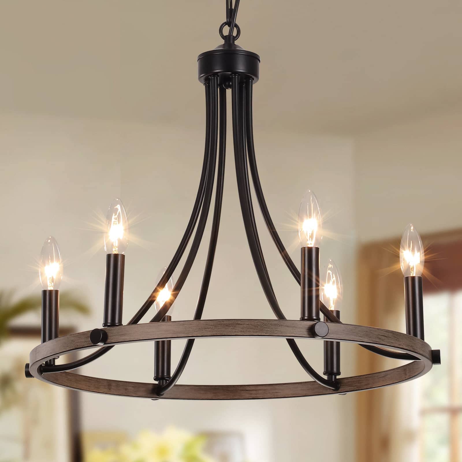Black Farmhouse Wagon Wheel Chandelier - 6-Light Rustic Round Pendant Light for Dining Room, Kitchen Island, Foyer & Hallway | Perfect for Country Home Decor & Western Style Interiors