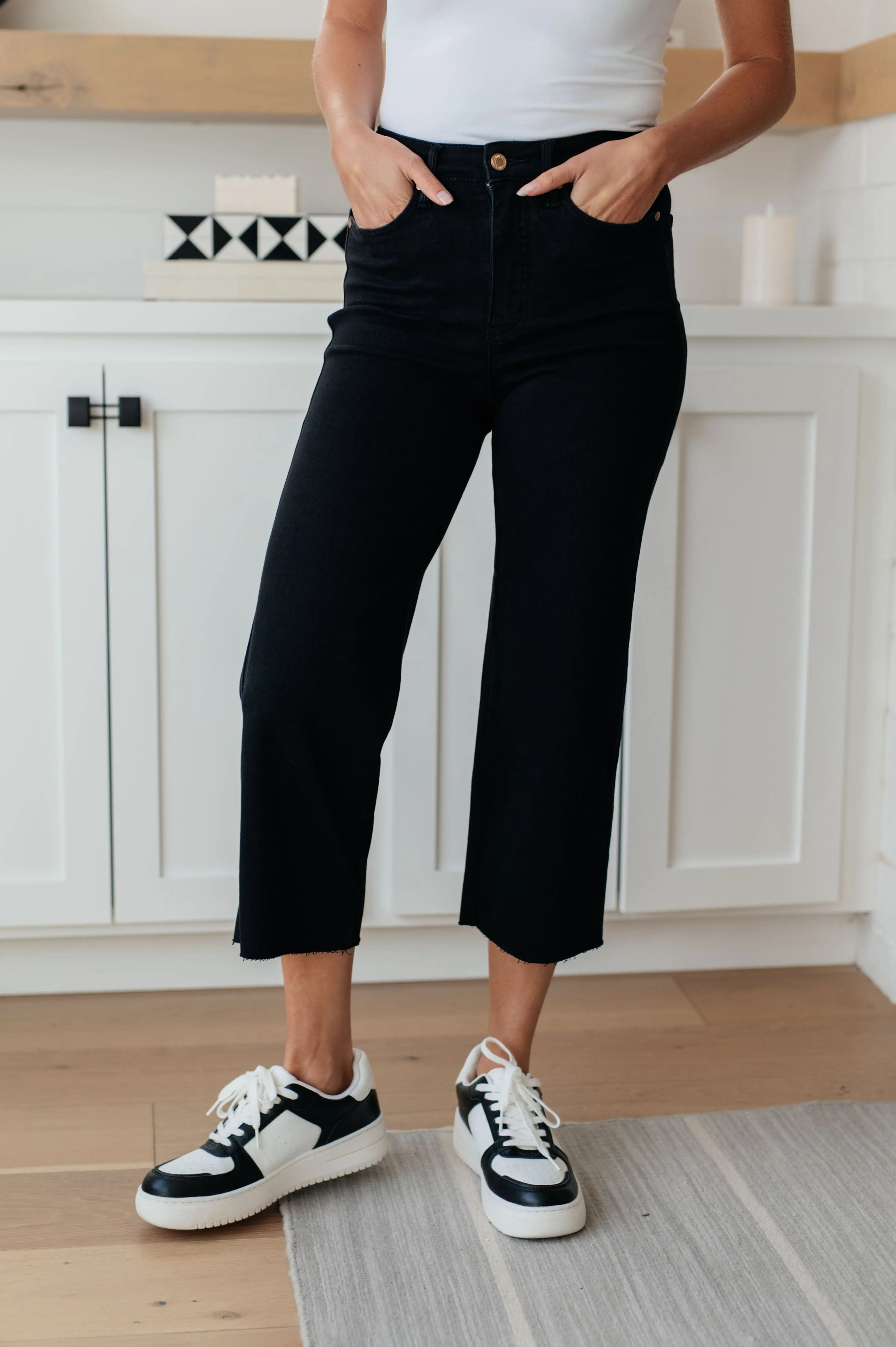 Lizzy High Rise Control Top Wide Leg Crop Jeans for Women - Black Denim Pants for Casual & Work Outfits | Comfortable Stretch Jeans with Tummy Control