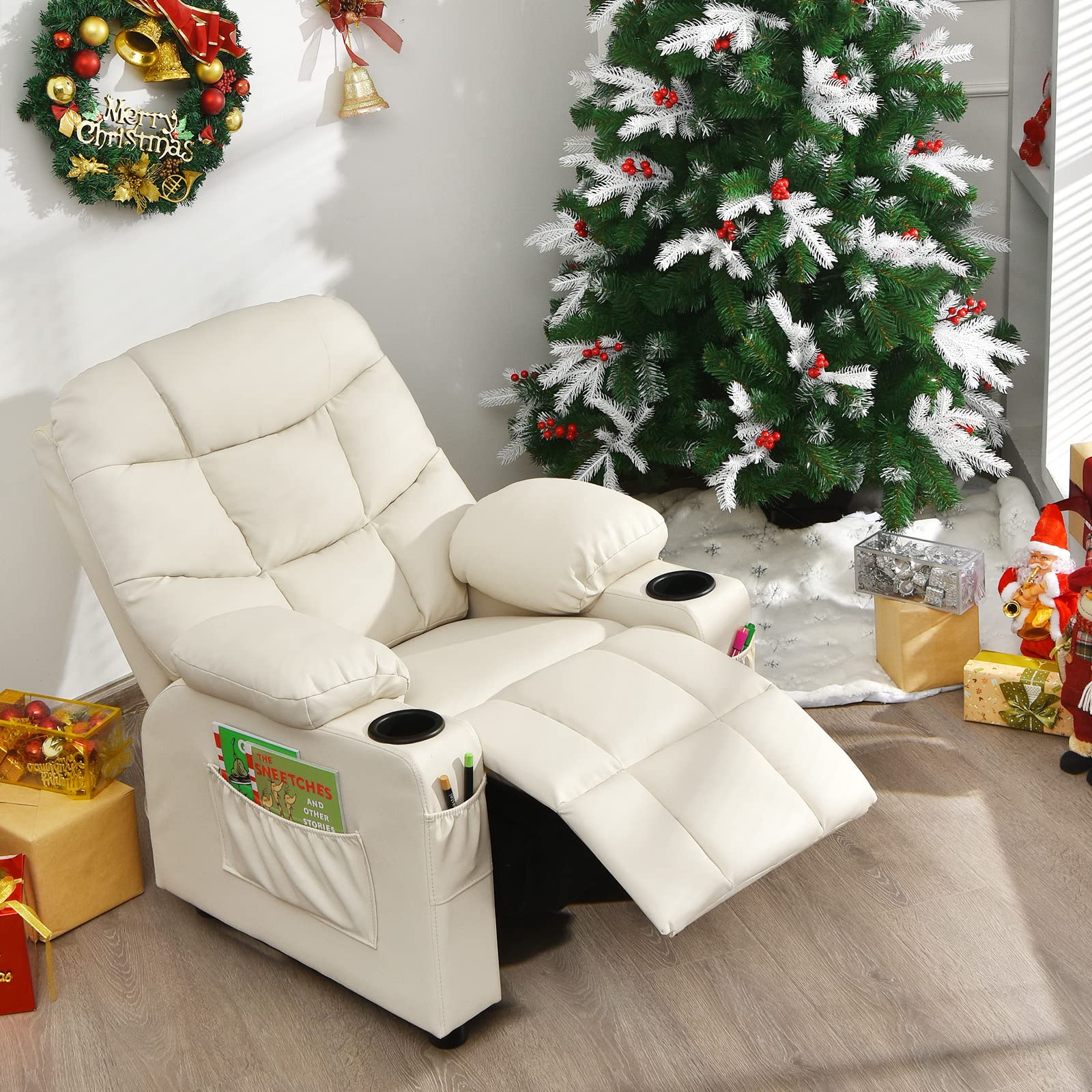 Costzon Kids Recliner Chair with Cup Holder & Footrest - Adjustable Lounge Chair with Side Pockets for Boys & Girls - Ergonomic Toddler Sofa for Bedroom, Playroom & TV Time (Beige)