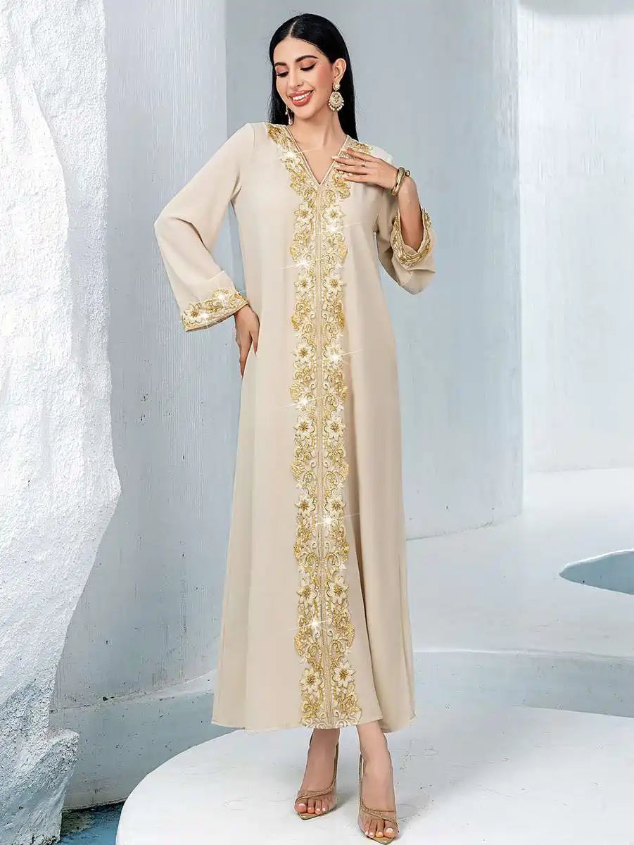 Elegant Eid Kaftan Dress with Embroidery Lace - Women's Flowy Caftan for Special Occasions - Perfect for Eid Celebrations, Weddings, and Summer Parties