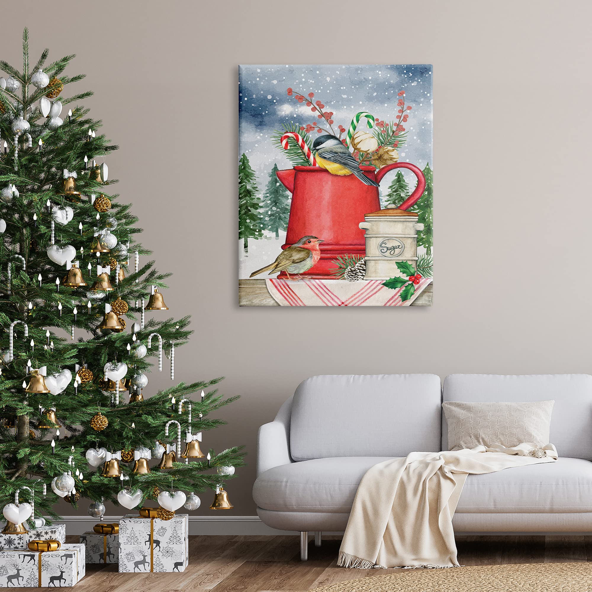 Stupell Industries Winter Birds Perched Tea Kettle with Holly & Fir Botanicals - ND Art Design | Cozy Kitchen Decor for Holiday Tea Time