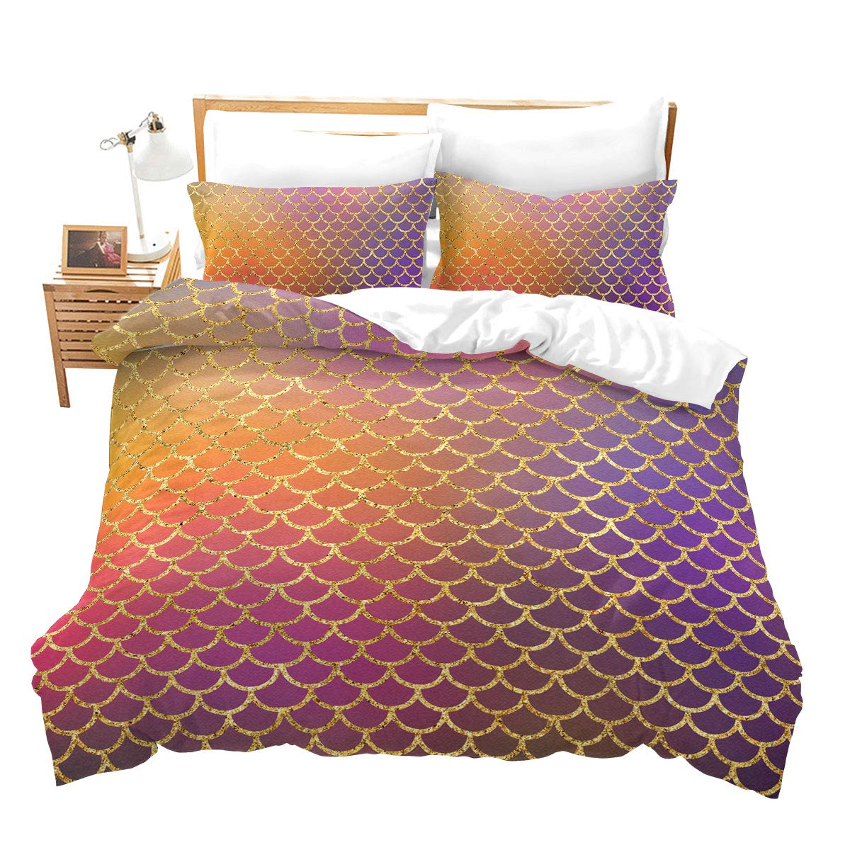 Erosebridal Purple Golden Scale Duvet Cover Set - Twin Size Mermaid Fish Scale Printed Bedding (3-Piece) | Kids & Boys Girls Comforter Set with Zipper Ties | Cute Simple Bedspread for Bedroom Decor & Children's Room