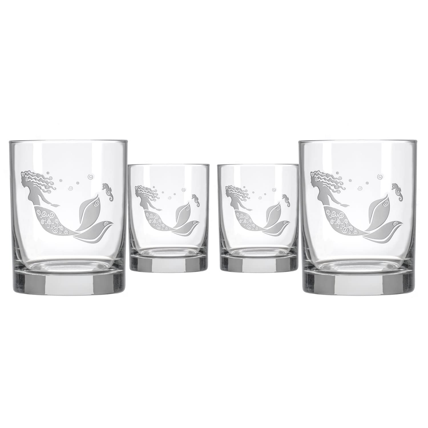 Premium Rolf Glass Mermaid Double Old Fashioned Whiskey Glasses Set of 4 - 13oz Lead-Free Etched Tumblers - Handcrafted in USA - Perfect for Bourbon, Scotch & Cocktail Parties