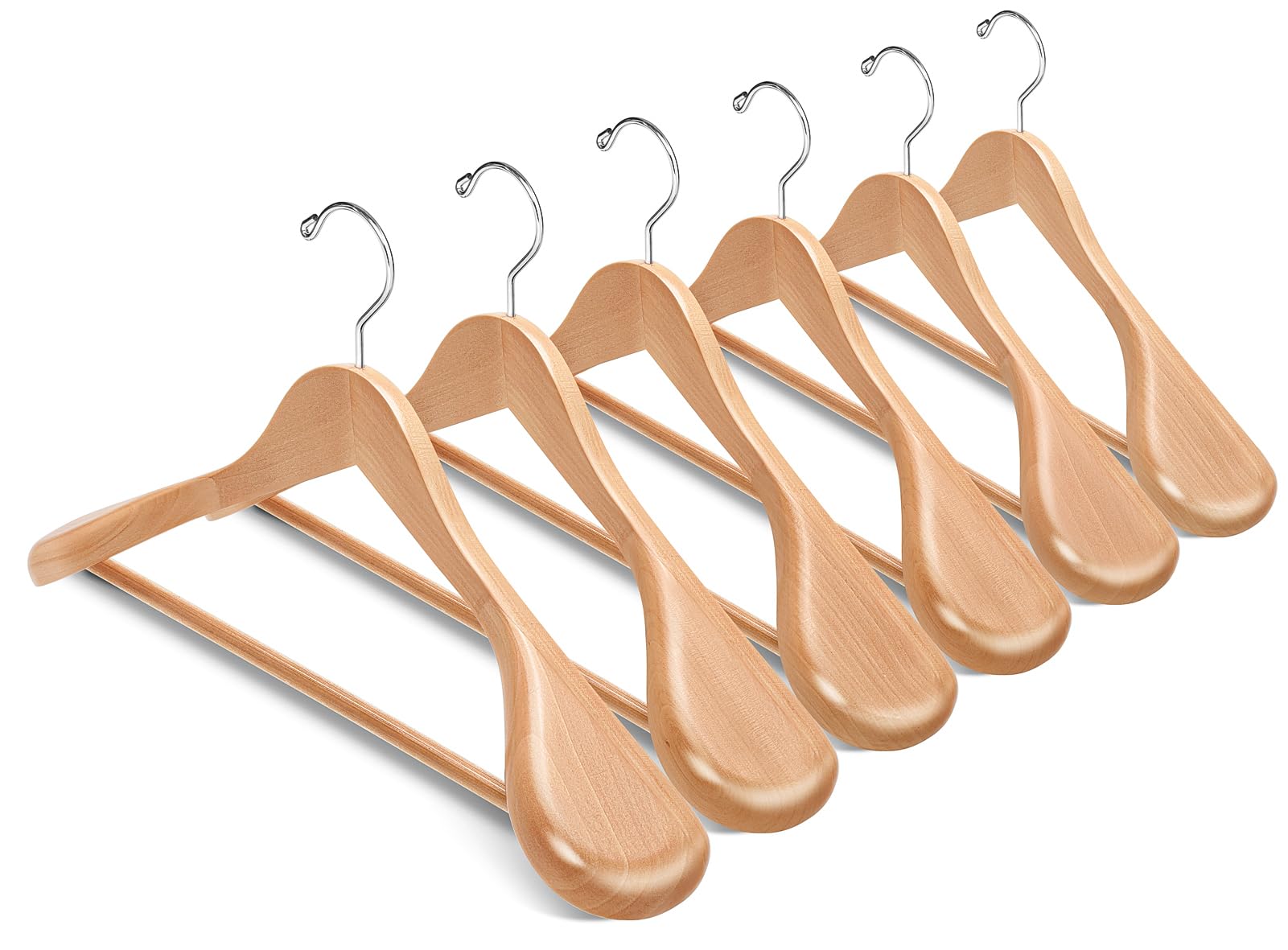 Premium 6-Pack Solid Wood Wide Shoulder Suit Hangers with Non-Slip Pants Bar - Natural Finish for Jackets, Sweaters & Heavy Clothes - Perfect for Closet Organization & Luxury Wardrobe Storage