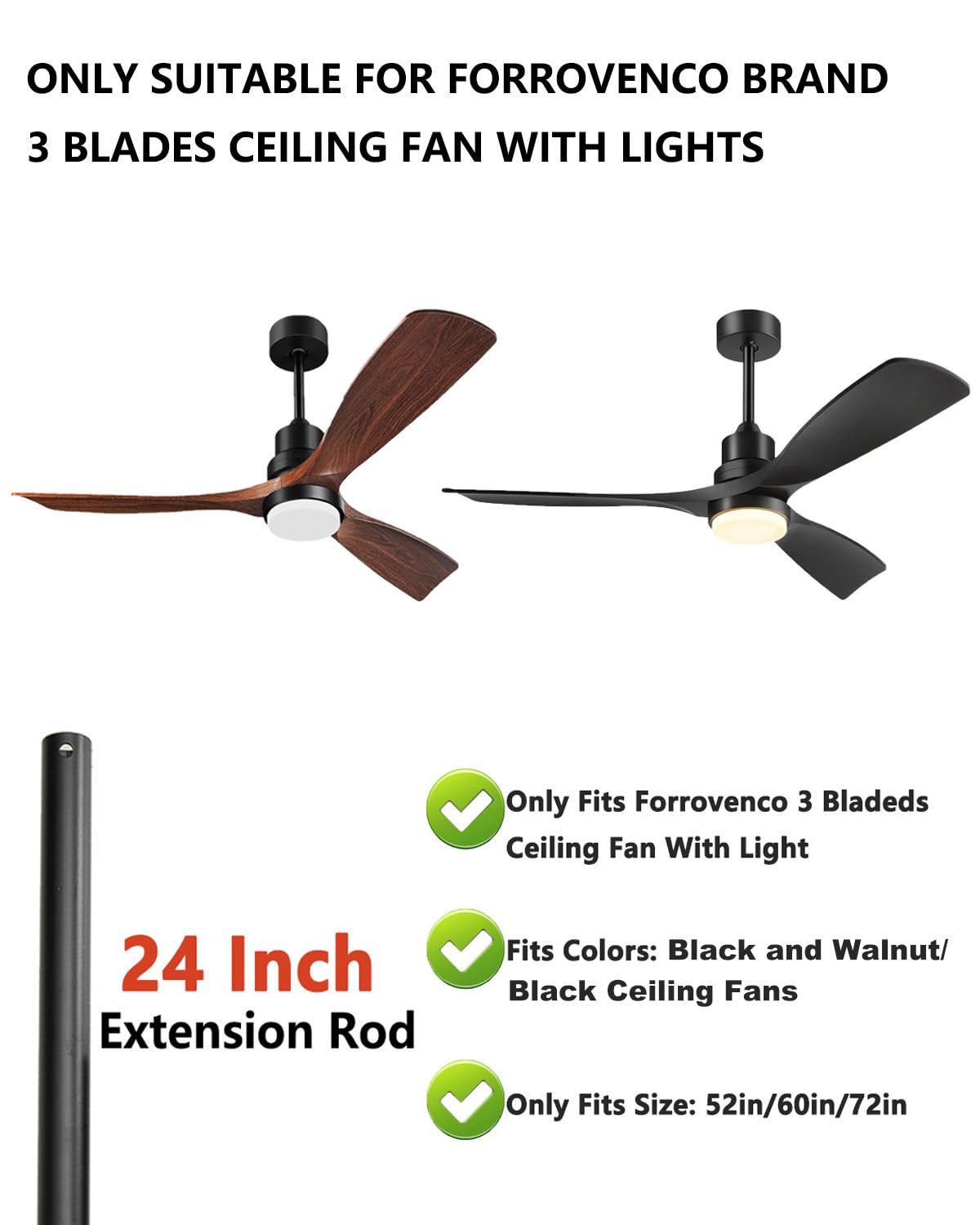 24 Inch Ceiling Fan Downrod with Extension Cord - Black Replacement Downrod for Light Kit Ceiling Fans - Perfect for Bedroom, Living Room & Outdoor Patio