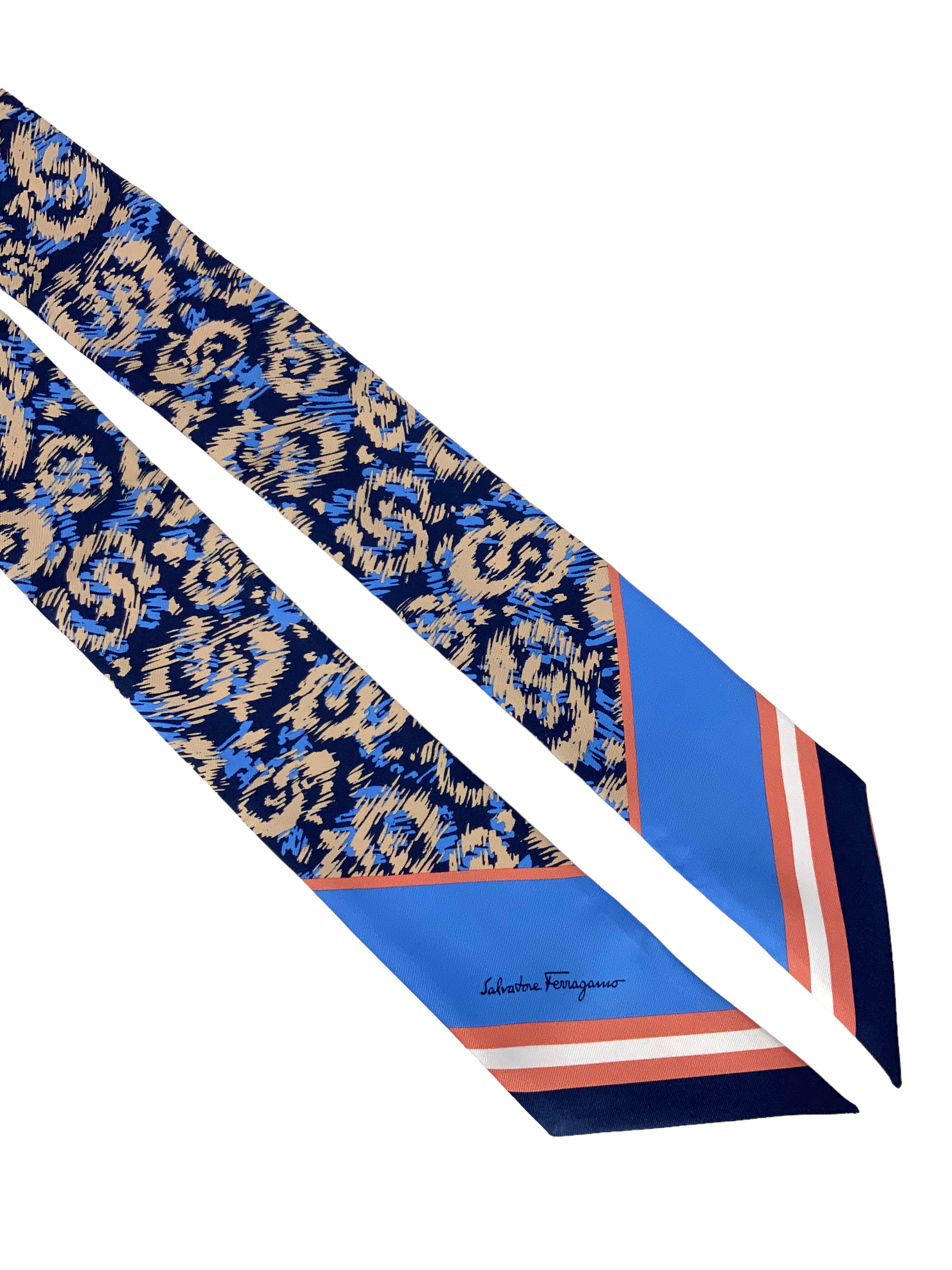 Salvatore Ferragamo Luxury Printed Silk Twilly Scarf - Elegant Fashion Accessory for Handbags, Hats & Hair Styling