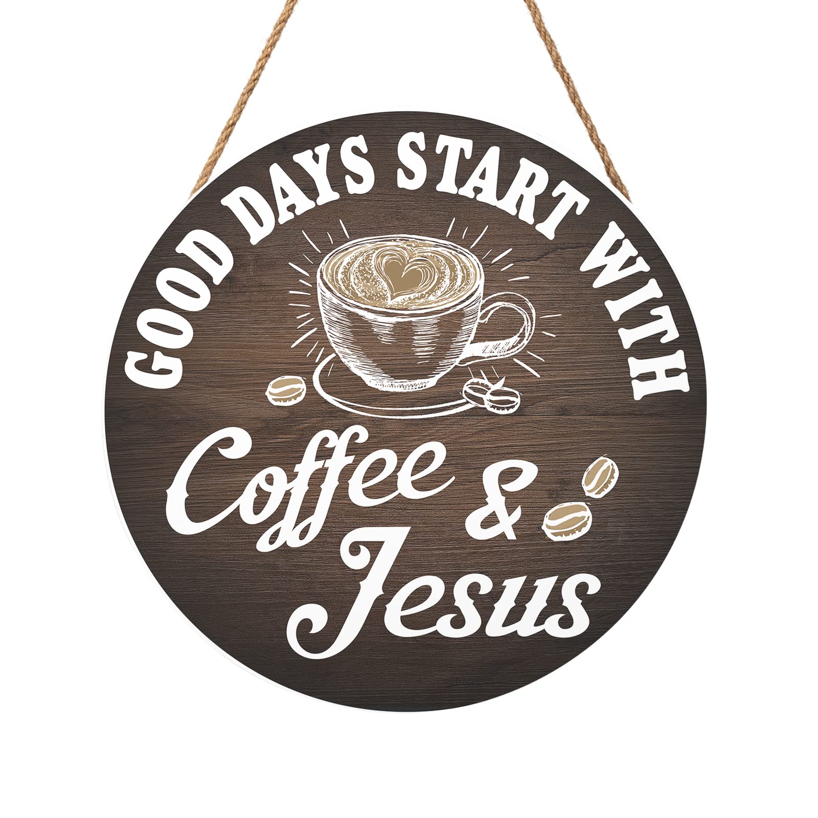 12'' x 12'' Round Wooden Coffee Sign - Rustic Coffee Bar Decor for Kitchen, Office & Coffee Lovers | Brown 'Good Days Start with Coffee & Jesus' Wall Art | Perfect for Coffee Shop, Home Decor & Gift Ideas