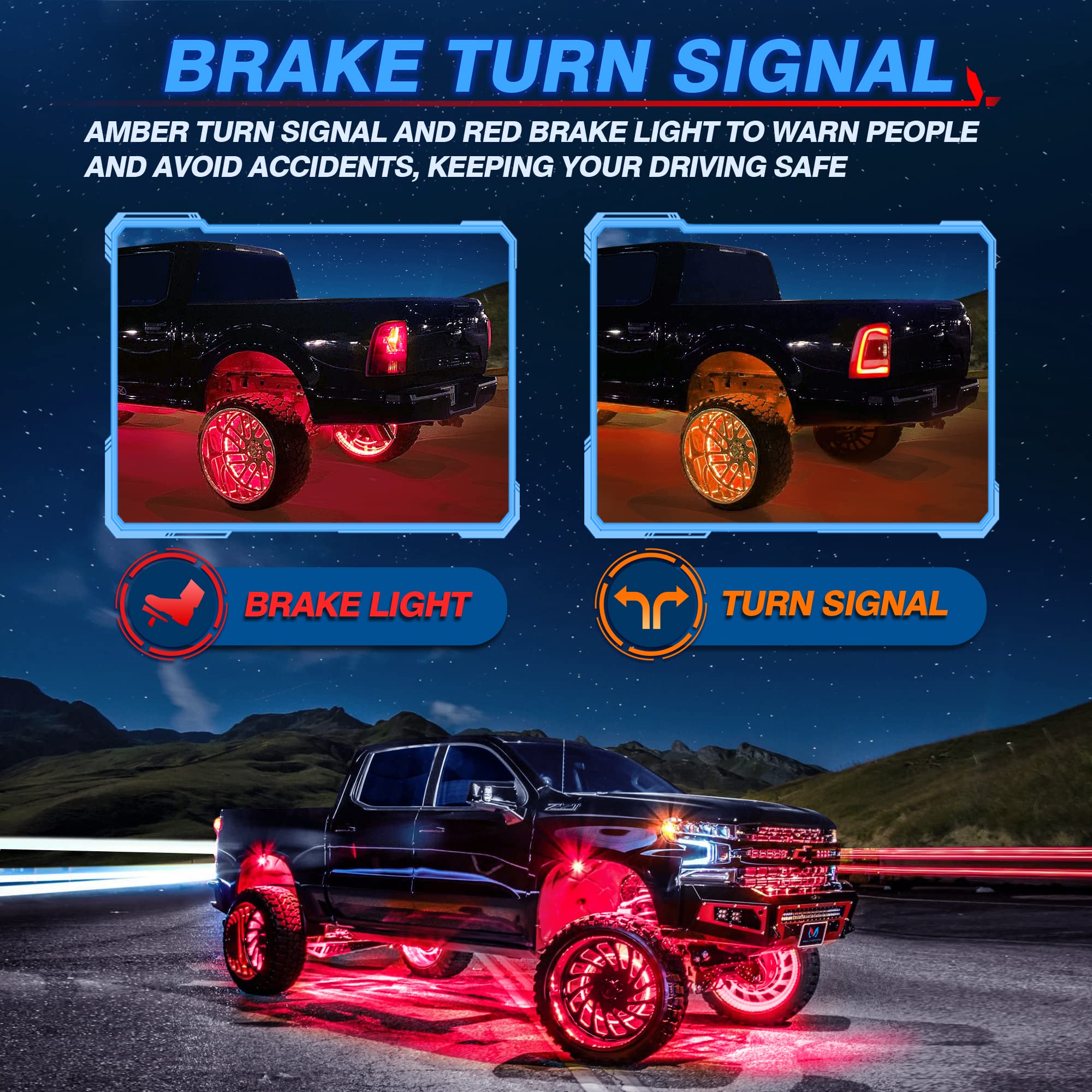 MICTUNING 17.5 Inch RGBW LED Wheel Ring Lights Kit - APP Controlled Neon Wheel Rim Lights with Turn Signal, Braking & Music Sync (4 Pack) - Perfect for Car Customization, Night Driving & Car Shows