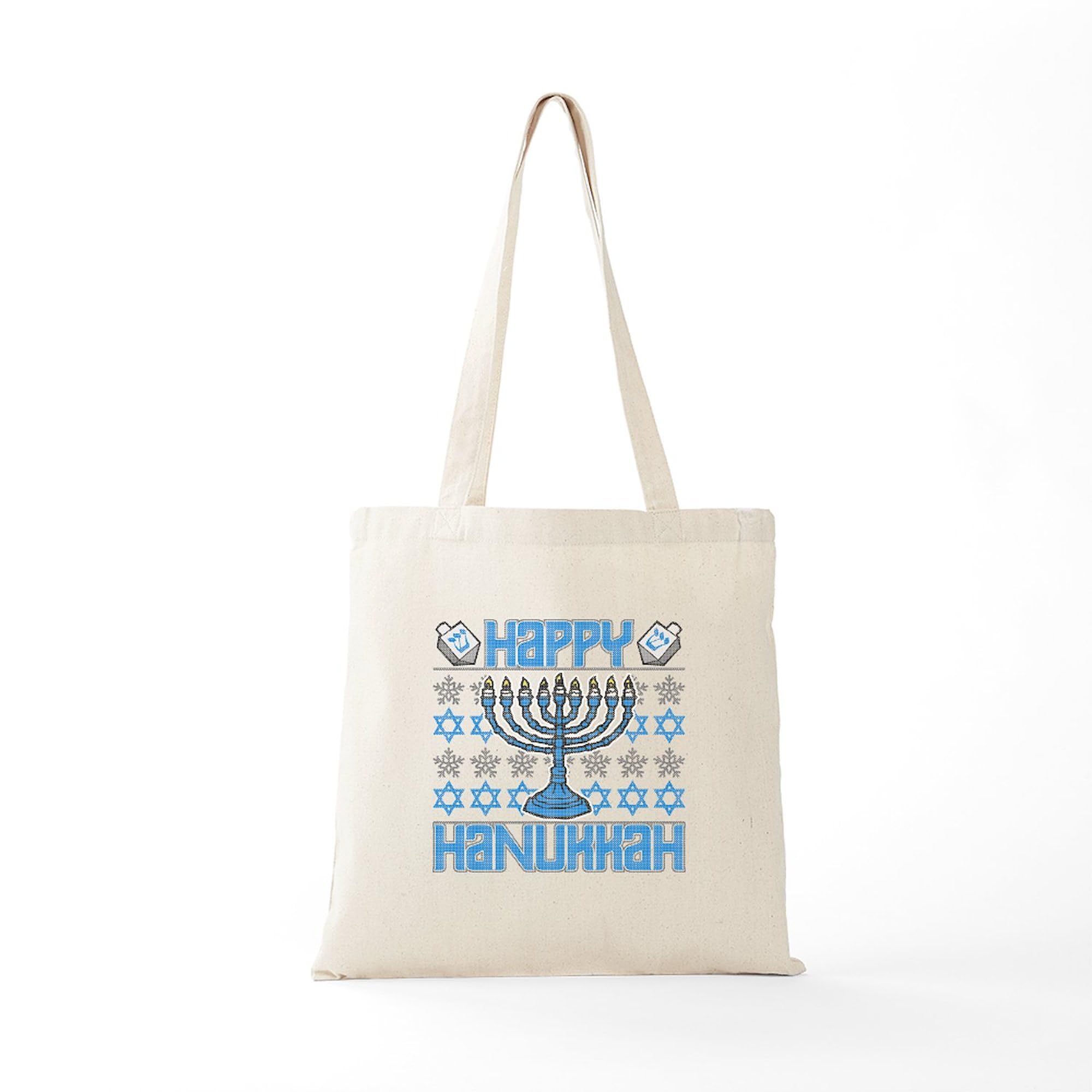 Happy Hanukkah Tote Bag - Natural Canvas Reusable Shopping Bag for Holiday Gifts, Groceries & Everyday Use