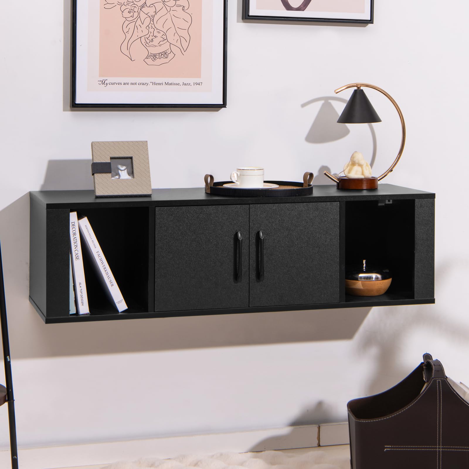Giantex 2 Cube Wall Mounted Storage Cabinet with 2 Doors & 2 Open Shelves - Floating Media Console for Home Office, Kitchen, Bathroom & Living Room - Space Saving Organizer for Books, Decor & Essentials (Black)