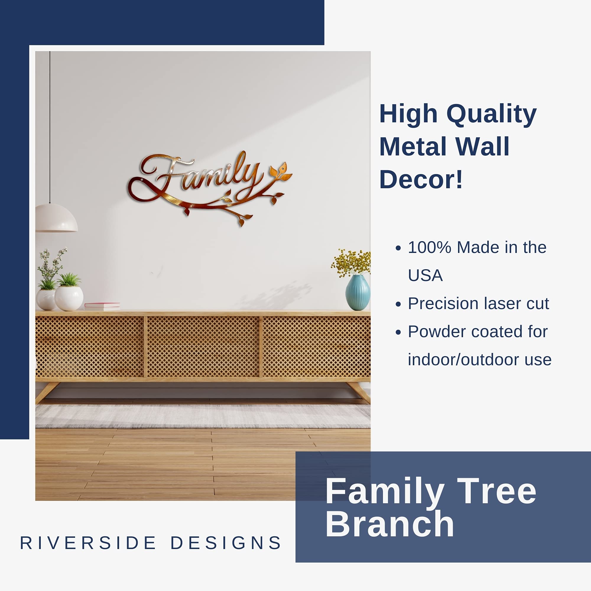 Riverside Designs Family Cursive Word Metal Wall Sign - Handmade in USA | Durable Copper Wall Art Decor for Living Room, Bedroom & Entryway | 36 Inch Rustic Home Sign for Farmhouse, Wedding Gift & Housewarming