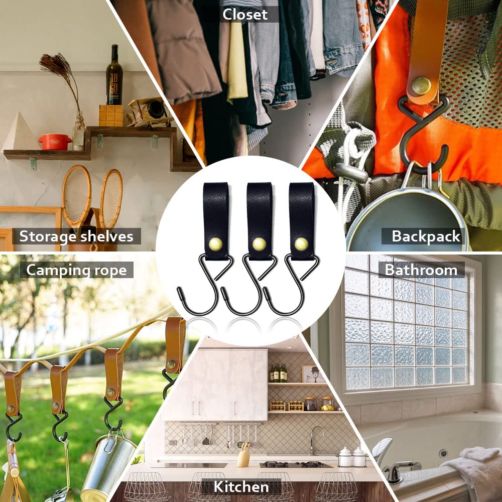 Black Metal S-Hooks 8pcs - Leather Hanging Hooks for Camping, Kitchen & Bathroom