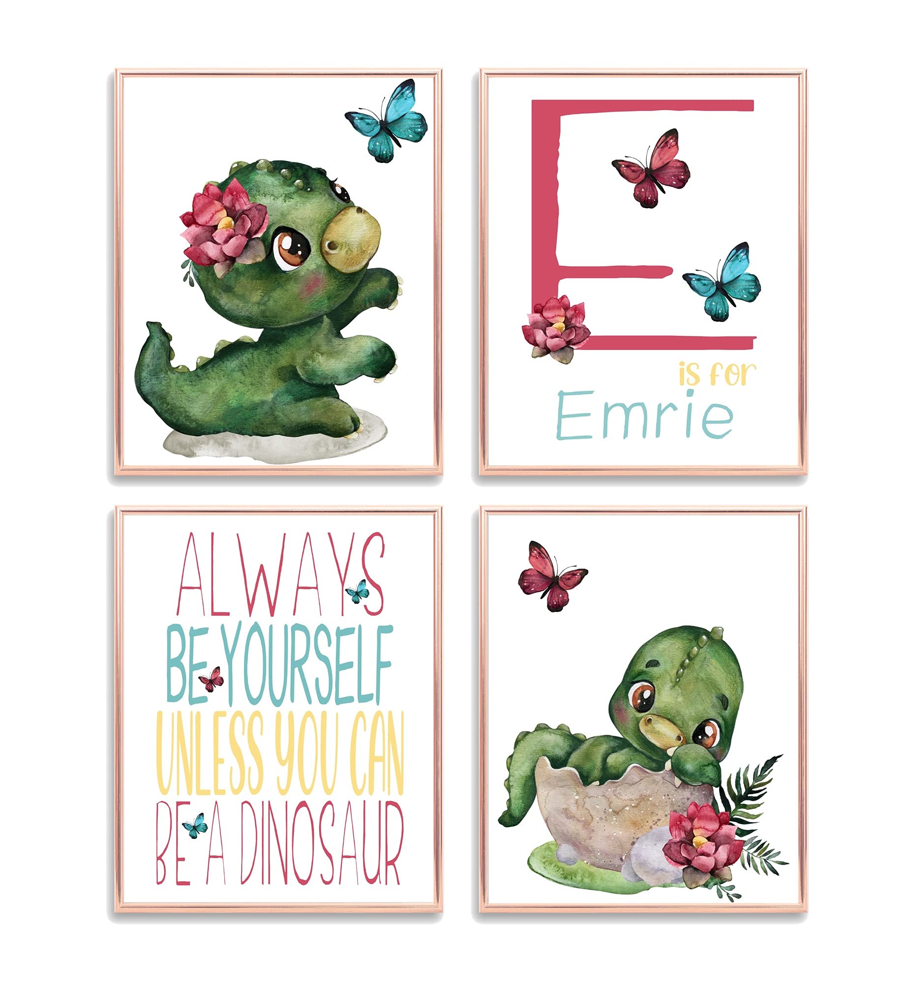 Personalized Baby Girl Dinosaur Nursery Decor - Set of 4 Unframed Wall Art Prints with Inspirational Quote 