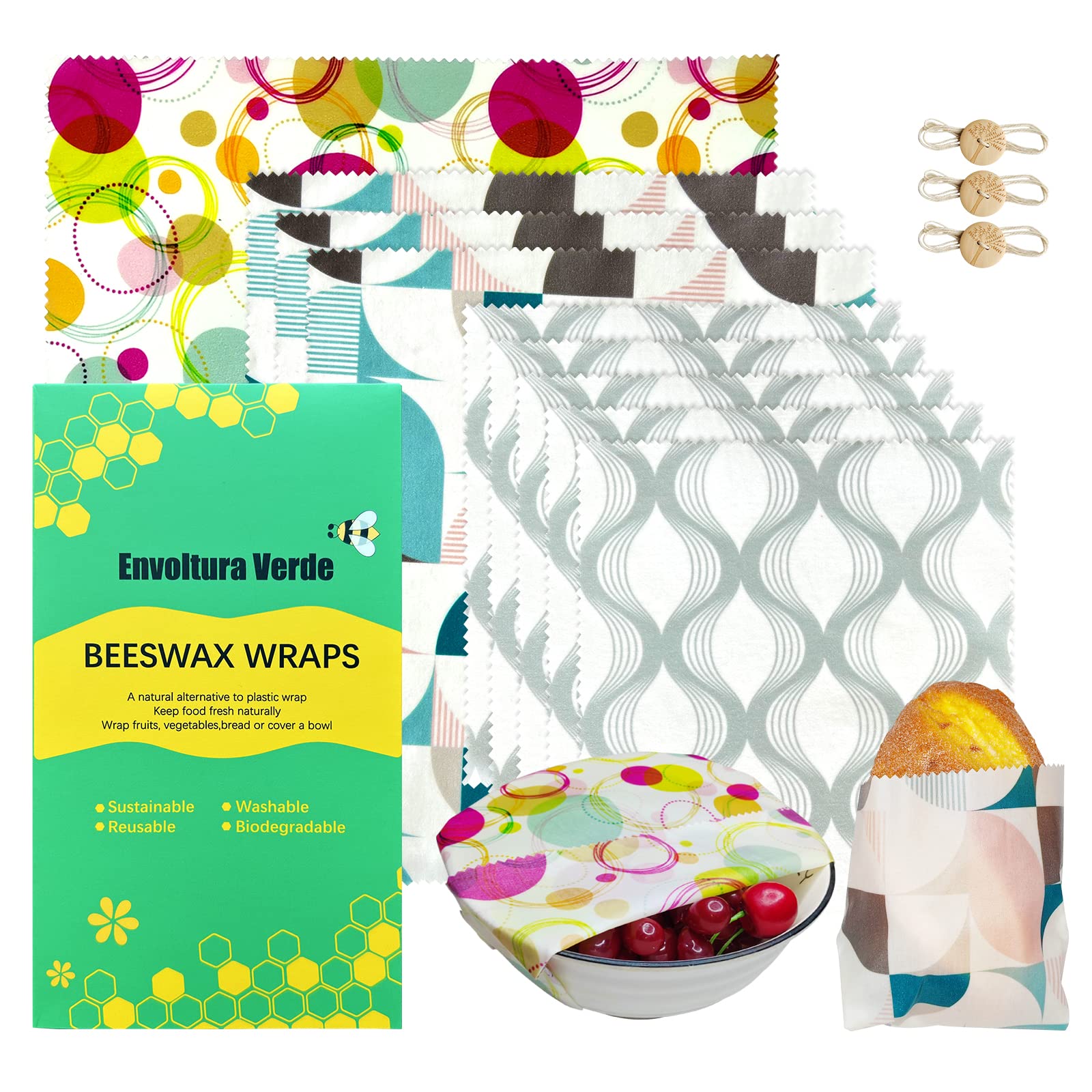 **9 Pack Beeswax Food Wraps – Organic, Biodegradable, Zero Waste, Reusable Food Storage – Eco-Friendly Plastic-Free Wraps for Cheese, Sandwiches, Fruits & Veggies – Perfect for Picnics, Lunchboxes & Sustainable Kitchen Storage**