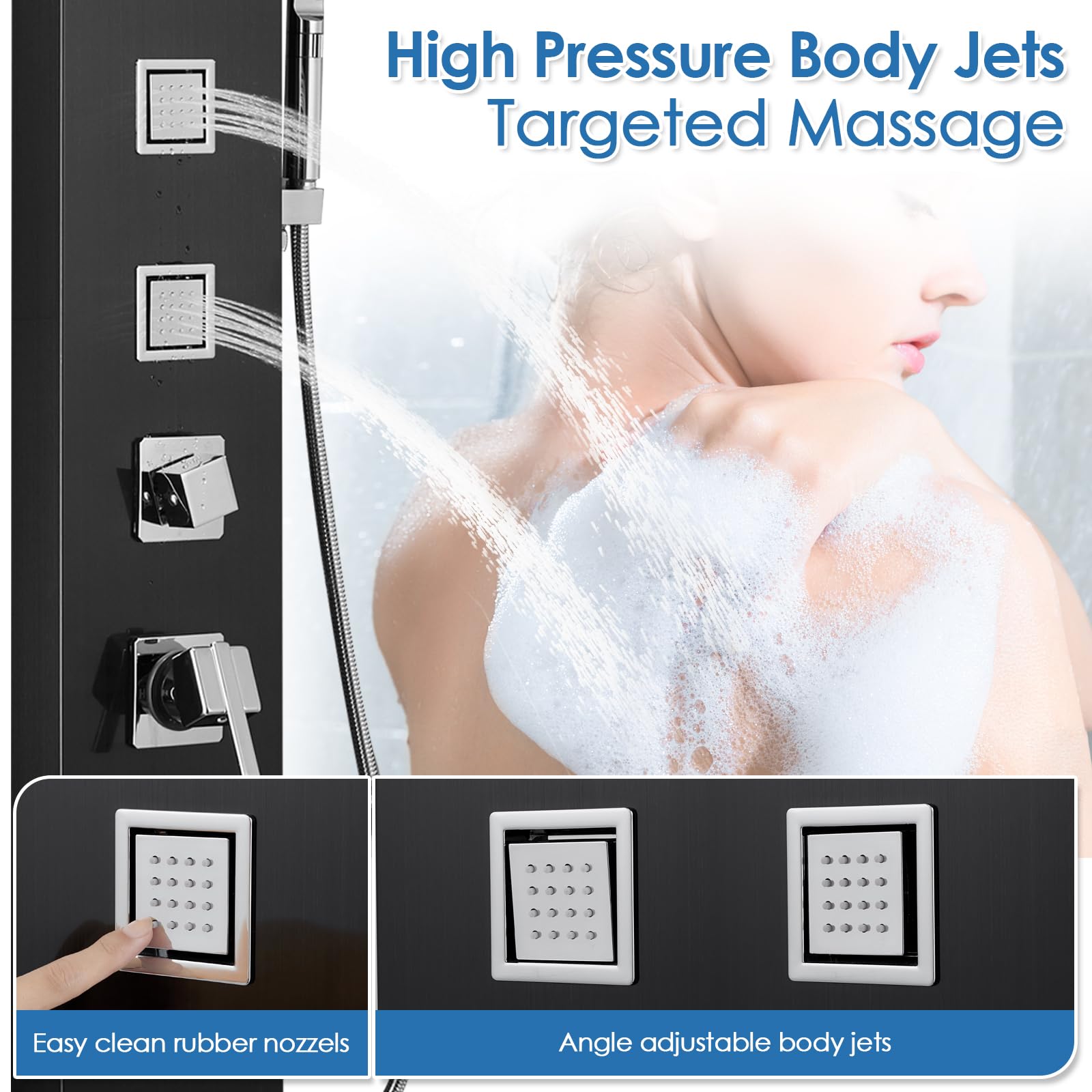 ROVOGO Luxury Shower Panel Tower System with LED Lights - No Battery Needed, Rainfall Waterfall Shower Column with Adjustable Body Jets, Handheld Shower & Tub Spout - Modern Black Bathroom Upgrade for Spa-Like Experience at Home