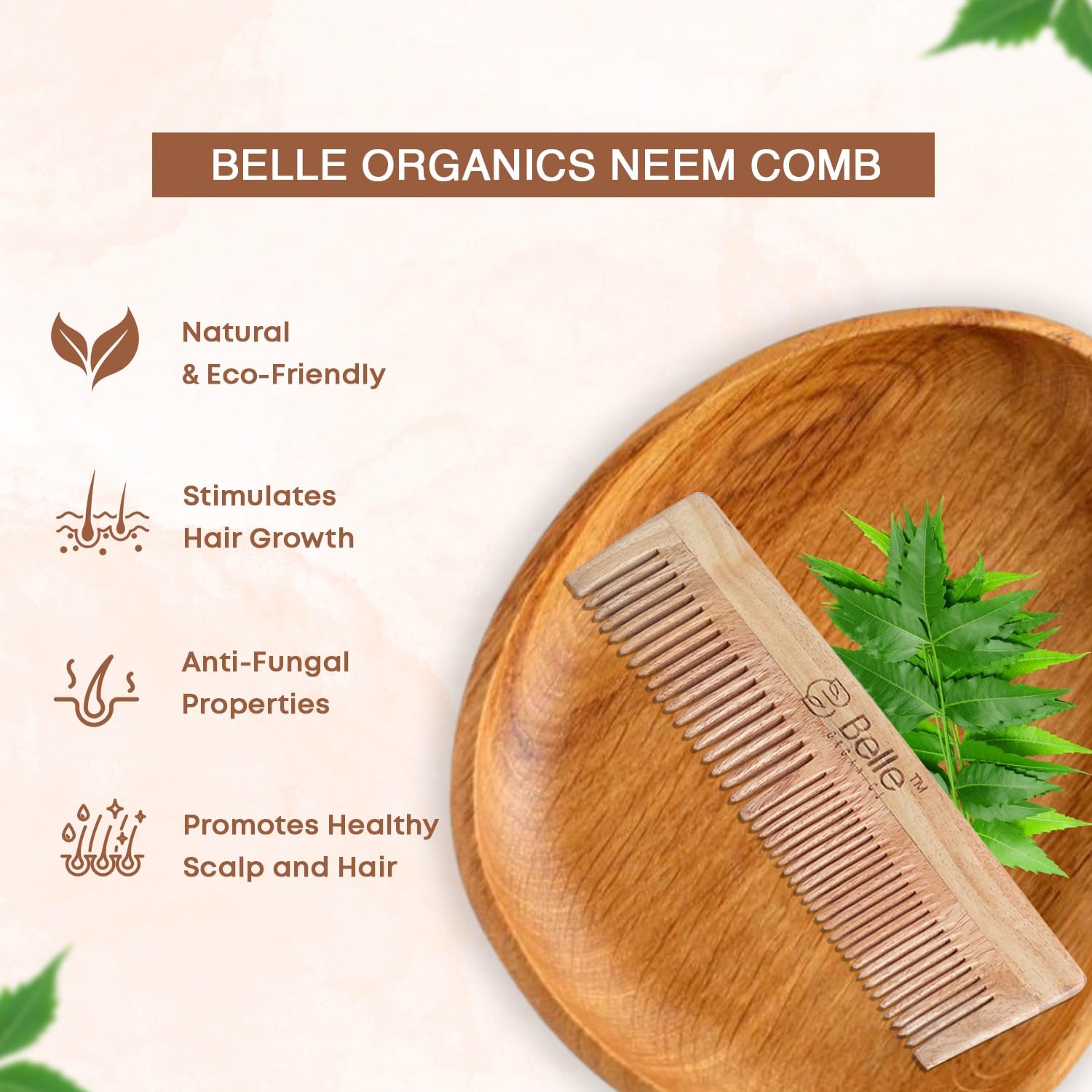 Belle Organics 100% Natural Neem Wooden Comb for Hair - Anti-Breakage, Scalp Nourishing & Anti-Frizz | Gentle Detangling Comb for Healthy Hair Growth | Eco-Friendly Wooden Hair Brush for Daily Hair Care & Styling