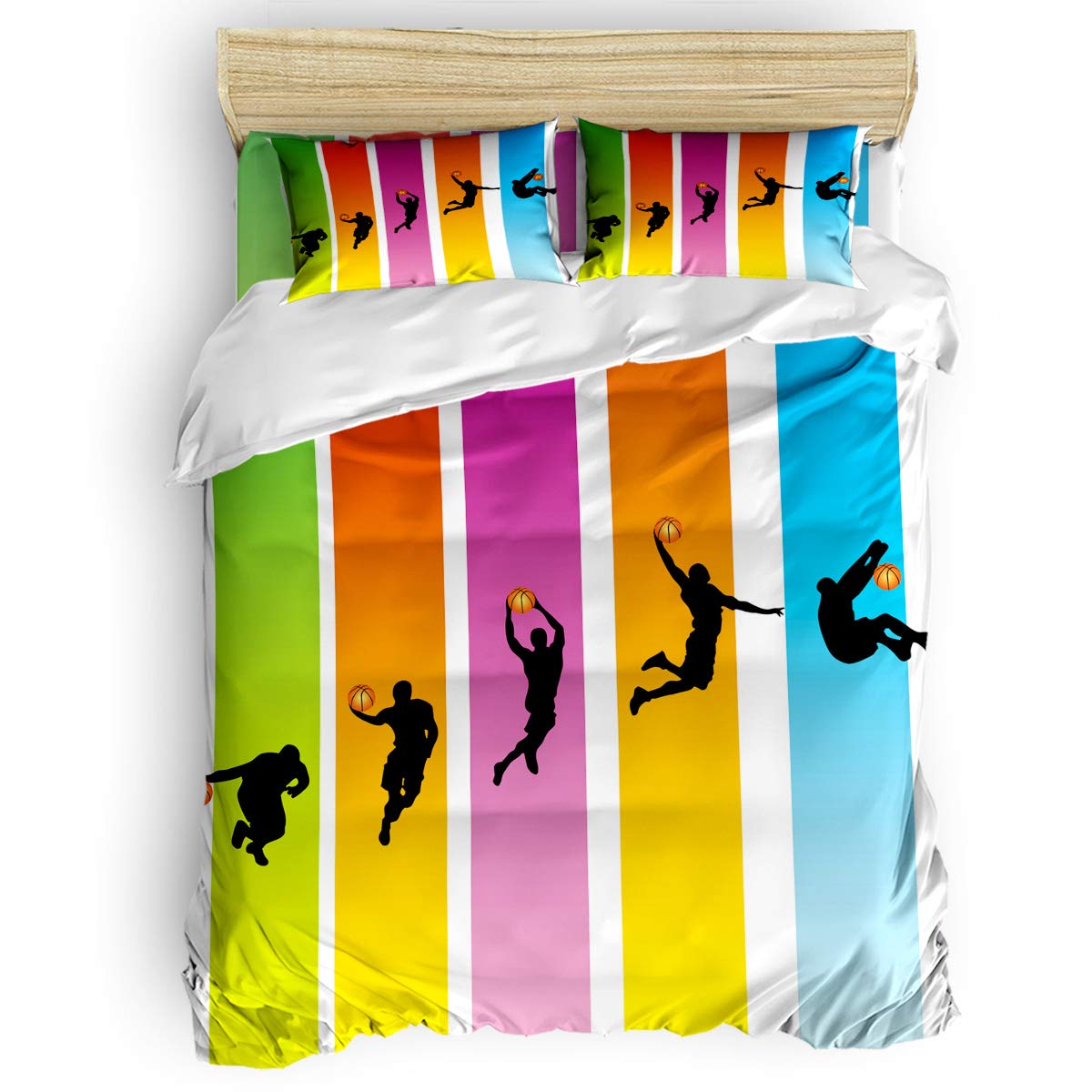Basketball Player Slam Dunk Duvet Cover Set - Twin Size 4-Piece (1 Duvet Cover, 1 Flat Sheet, 2 Pillowcases) - Breathable All-Season Bedding for Kids, Boys & Girls - Perfect for Sports-Themed Bedrooms & Teen Decor