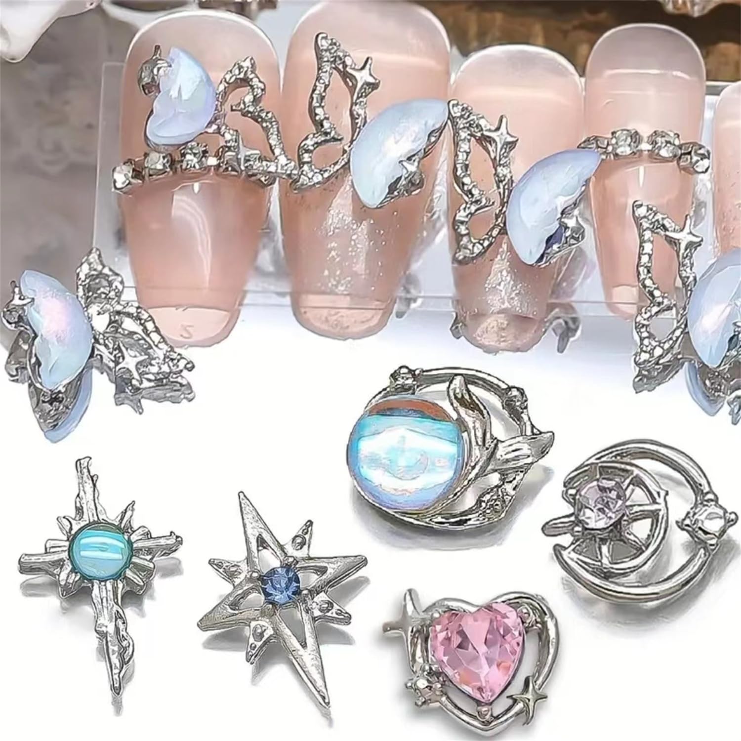 16 Styles Cute Moon & Star Y2K Nail Charms - Silver Alloy Luxury Dangle Charms for Acrylic Nails, Nail Gems & Rhinestones - Shiny Crystal Metal Nail Art Jewelry Supplies for DIY Manicure - Perfect for Parties, Weddings & Salon Nail Designs