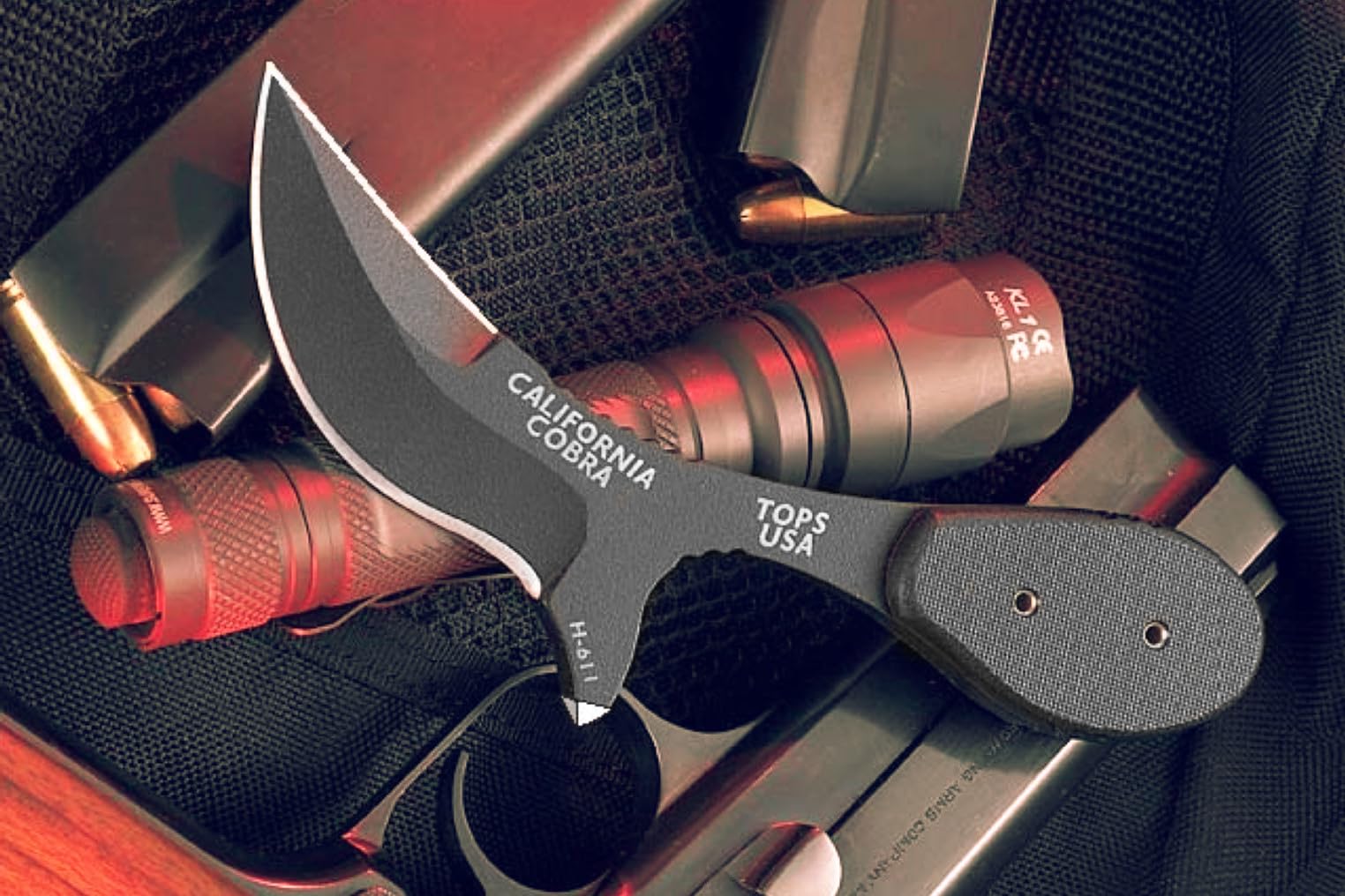 Tops Knives California Cobra Full Tang Fixed Blade - Black Traction Coating, Black Kydex Sheath with Multi-Position Spring Steel Clip - Hunting, Camping, Survival, Outdoor Activities