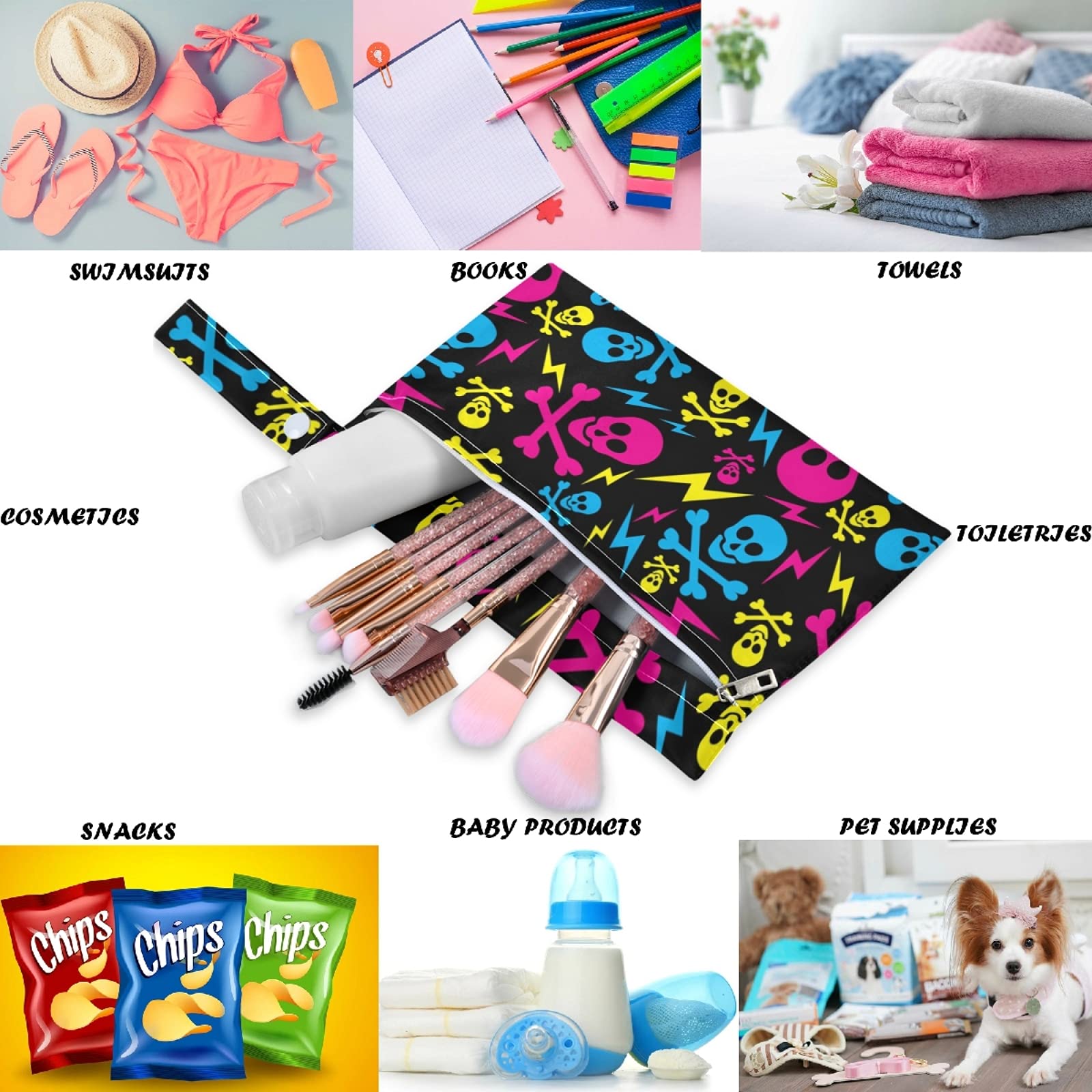 Visesunny Colorful Skull 2-Piece Wet Bag Set with Zippered Pockets - Washable & Reusable Waterproof Diaper Bag for Travel, Beach, Daycare, Gym - Perfect for Strollers, Swimsuits, Dirty Clothes & Toiletries Storage