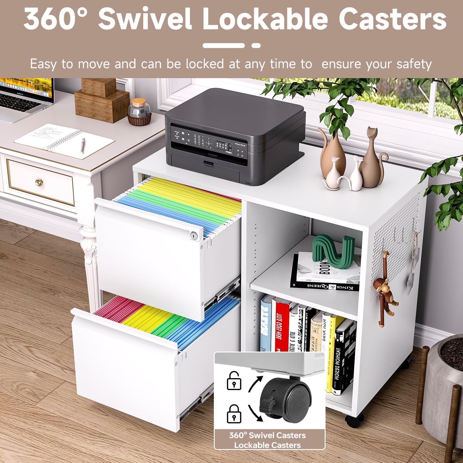 2-Drawer Lateral File Cabinet with Lock - Mobile Metal Filing Cabinet for Letter/A4 Size Files - Home Office Organization Furniture with Printer Stand & Storage (Perfect for Document Storage, Office Organization & Workspace Efficiency)