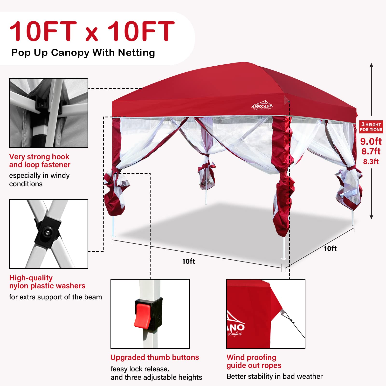 10x10 Pop Up Canopy Tent with Netting Screen - Easy Setup Outdoor Gazebo for Camping, Backyard Parties & Patio - Includes Foldable Design, Roller Bag & 4 Sandbags (Red) - Perfect for Beach Picnics, BBQ Gatherings & Tailgating Events
