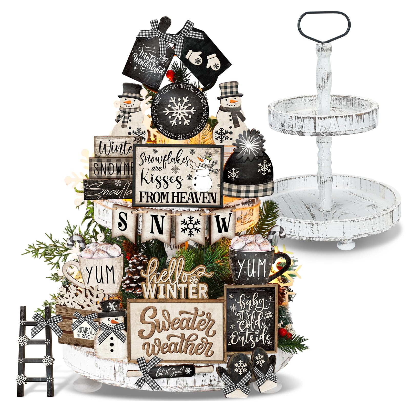 Nuogo 24-Piece Winter Tiered Tray Decor Set with 2-Tier Stand & Handle - Snowman Table Decorations for Christmas, Home, Farmhouse, Hot Cocoa Bar - Perfect for Holiday Parties, Mantel Displays & Seasonal Tablescapes