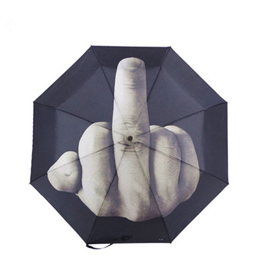 Black Folding Umbrella with Middle Finger Design - Compact Hand-Opening Sun Protection Umbrella for Outdoor, Beach, and Rainy Days