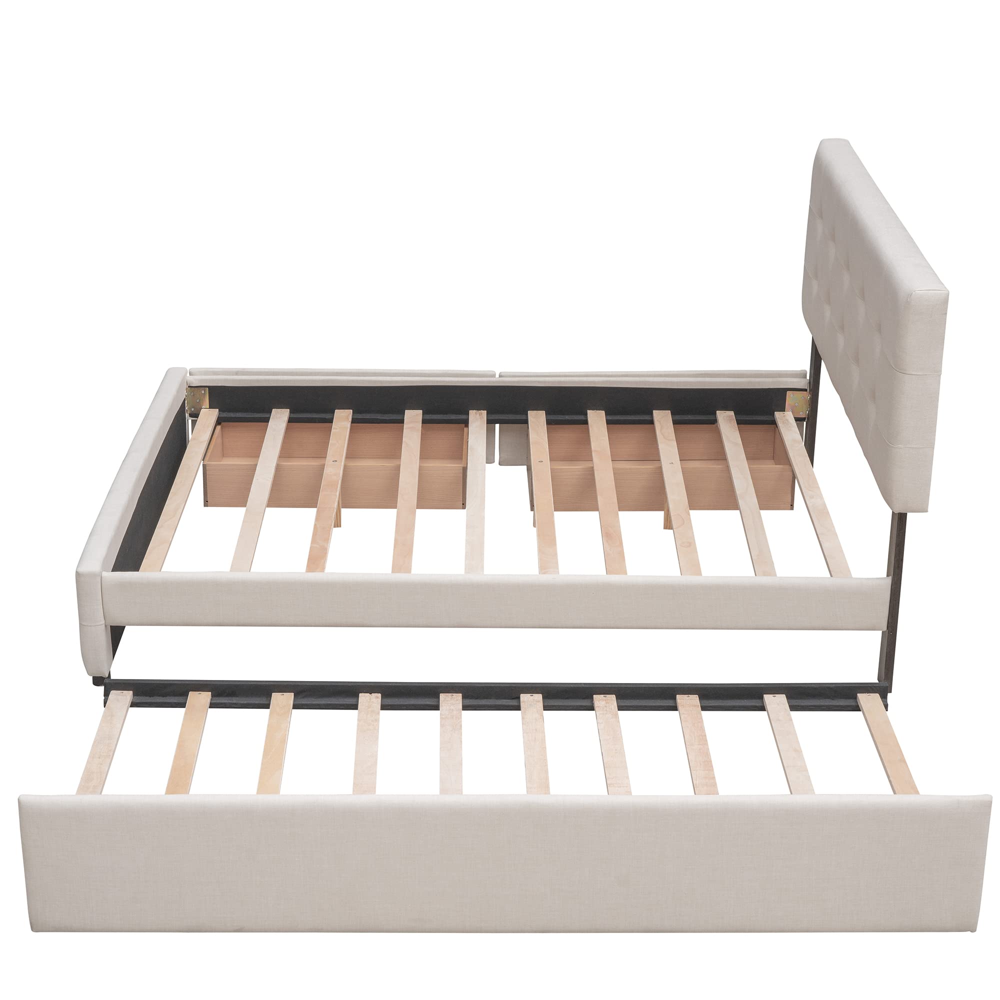 Queen Size Upholstered Platform Bed with Storage Drawers & Twin XL Trundle - Wooden Frame, Button Tufted Headboard in Beige - Perfect for Small Bedrooms, Guest Rooms & Space-Saving Solutions