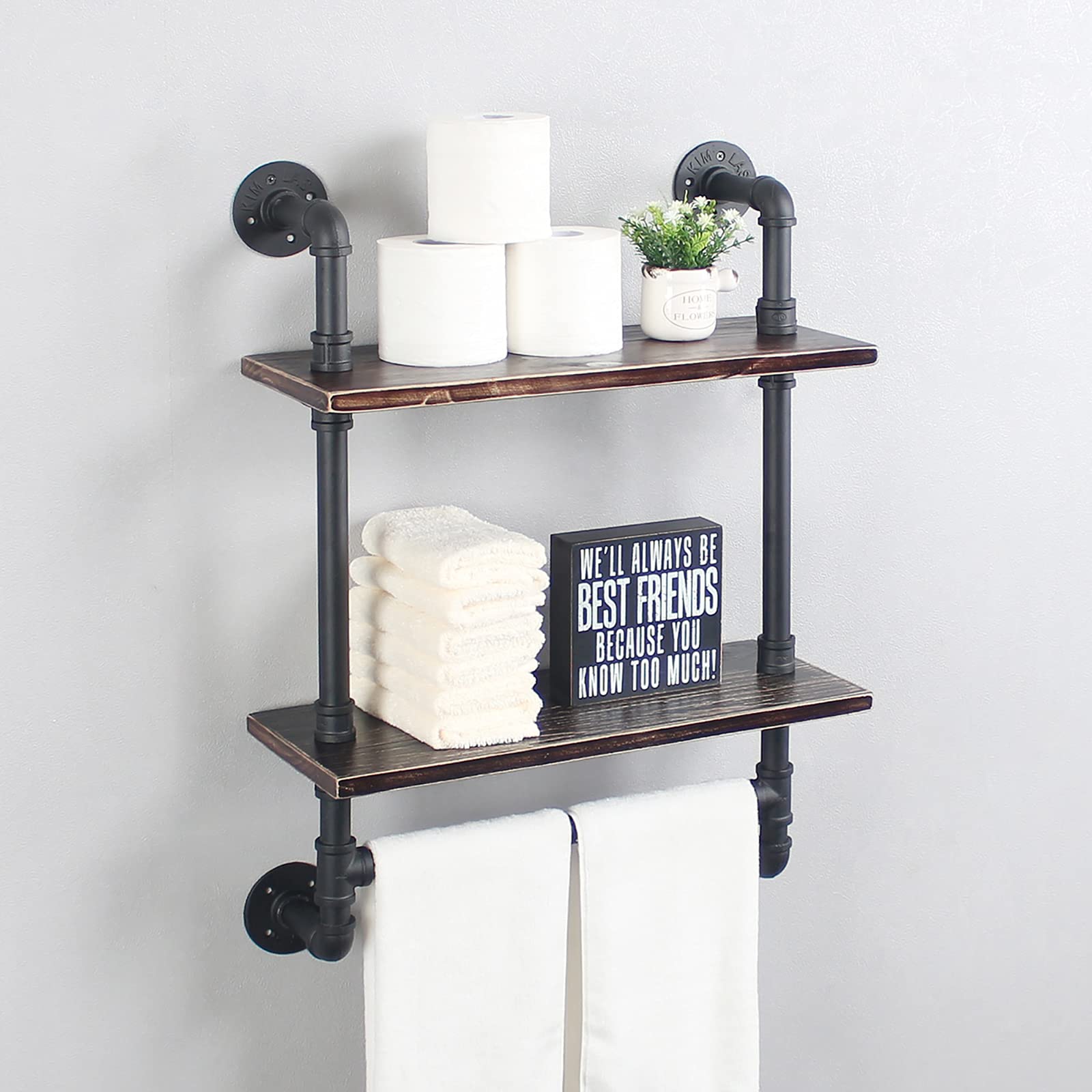 Industrial Pipe Shelf - 19.6in Rustic Wood Wall Mounted Bathroom Shelves with Towel Bar | 2-Tier Farmhouse Towel Rack Over Toilet Storage | Floating Pipe Shelving & Retro Black Towel Holder - Perfect for Small Bathroom Organization & Farmhouse Decor