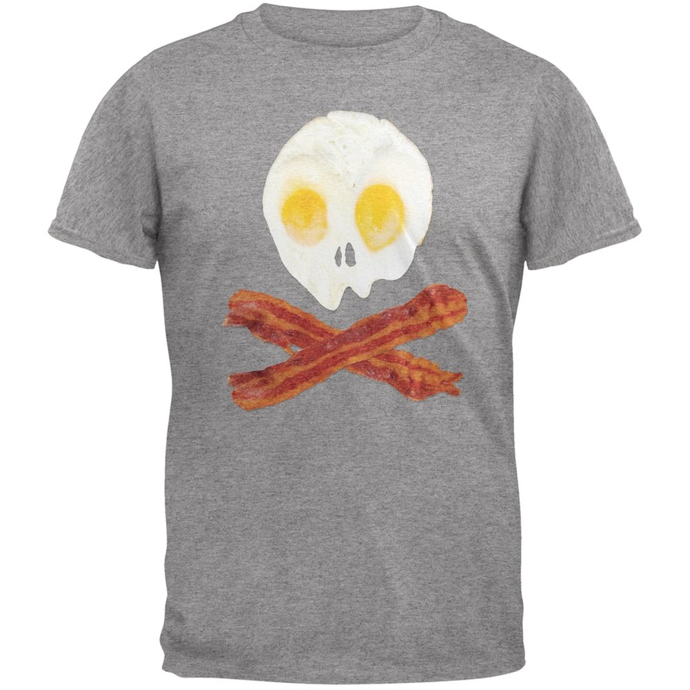 Skull and Crossbones Eggs & Bacon Graphic T-Shirt for Men - Cool Grey Cotton Tee for Casual Wear, Halloween Costumes & Funny Gifts