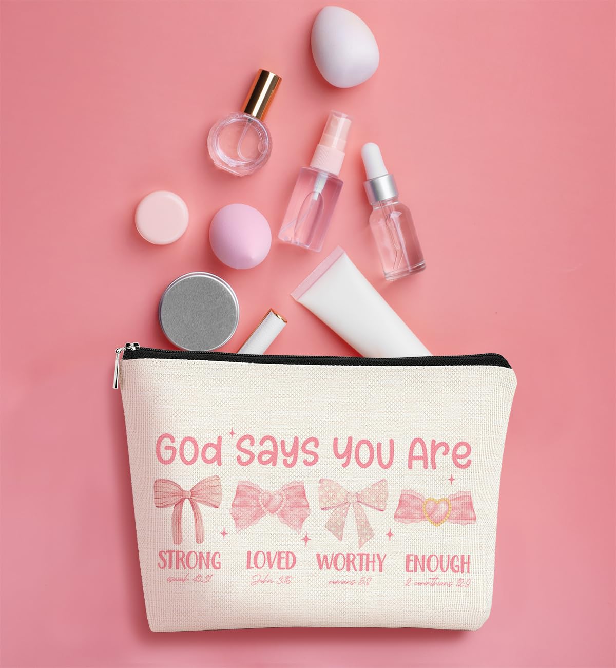 Preppy Pink Coquette Bow Makeup Bag - Christian Gifts for Women, Trendy Cosmetic Pouch, Cute Travel Toiletry Organizer | Perfect for Church, Bible Study, Girls' Night Out & Christmas Gifting