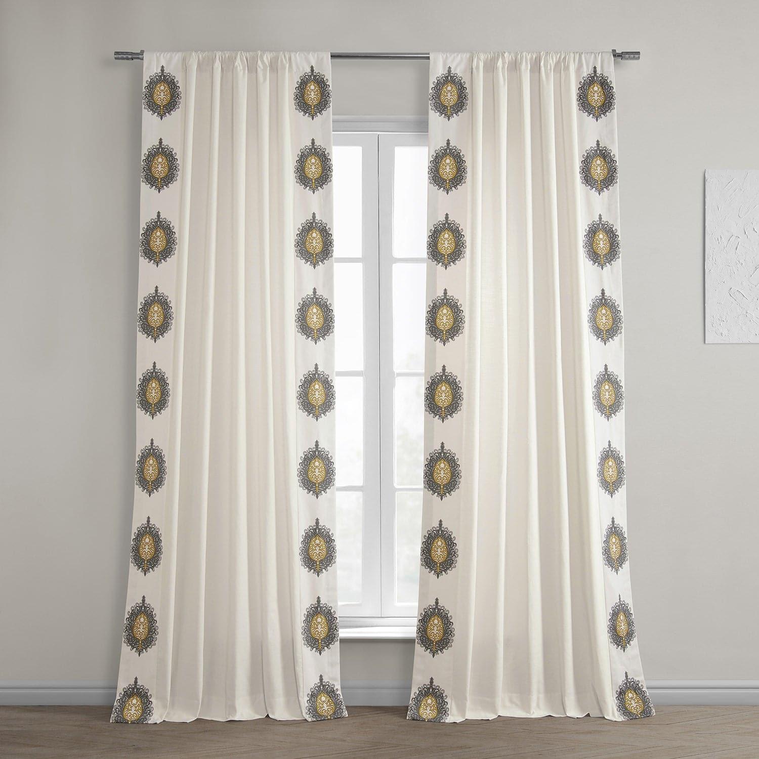 Mayan Gold Bordered Cotton Curtains - Handwoven Ethnic Window Drapes for Living Room, Bedroom & Boho Home Decor
