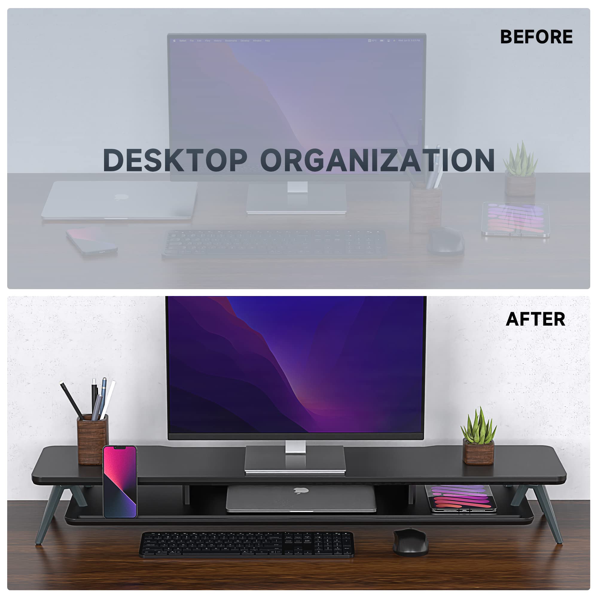 Dual Monitor Stand for 2 Screens - 42.5 Inch Wooden Desk Shelf with Storage Organizer & Cable Management - Perfect for Home Office Setup, Gaming Station, and Workspace Organization
