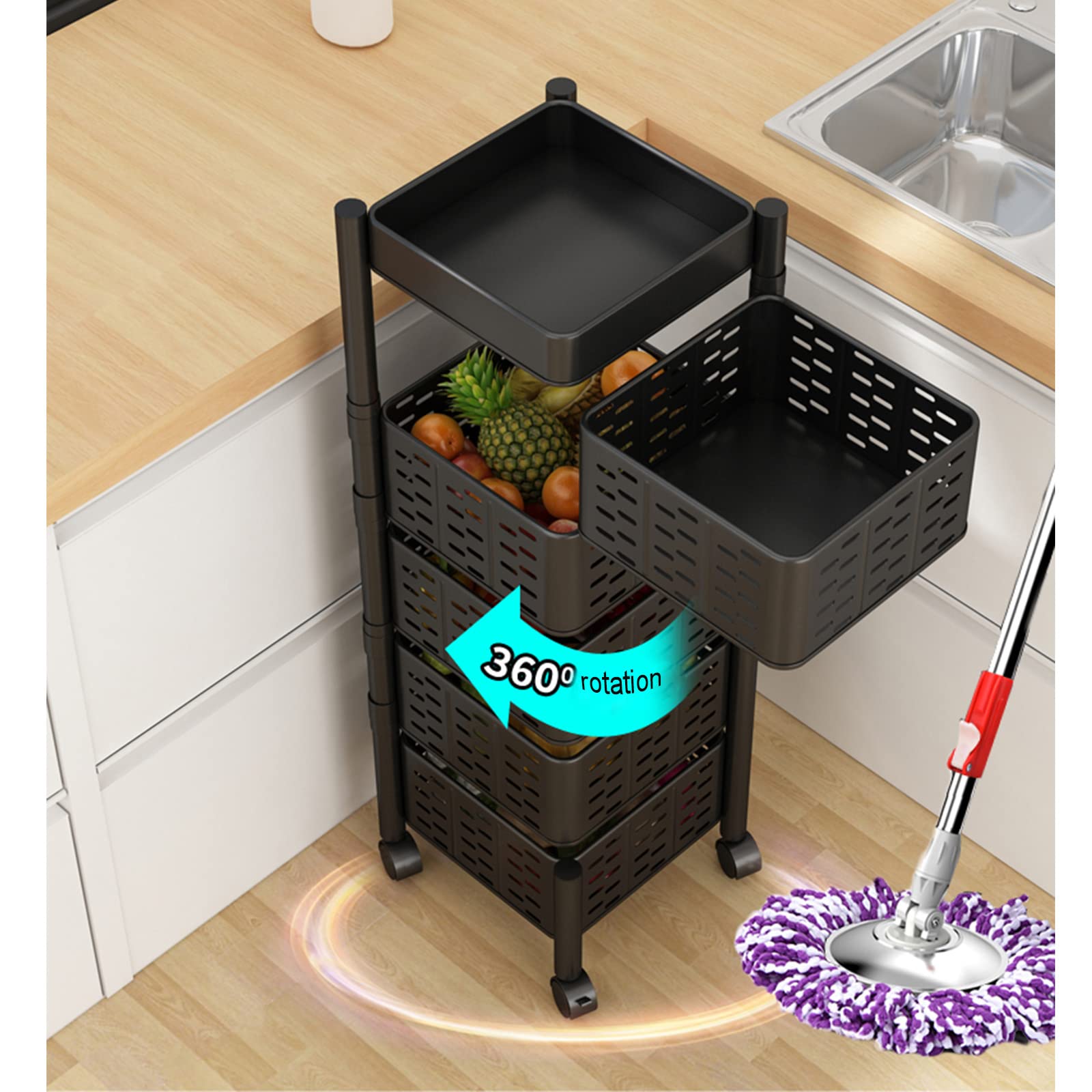 360° Rotating Kitchen Vegetable Shelf - 2-Tier Black Space-Saving Floor Storage Rack for Fruits & Vegetables | Perfect for Pantry Organization & Small Kitchen Spaces