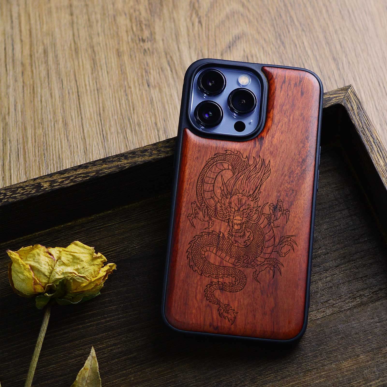 Premium Magnetic Wooden Case for iPhone 13 Pro - Hard Real Wood & Soft TPU Hybrid Shockproof Cover with MagSafe Compatibility - Chinese Dragon Carved Red Wood Protective Phone Case - Perfect for Business, Travel and Everyday Use