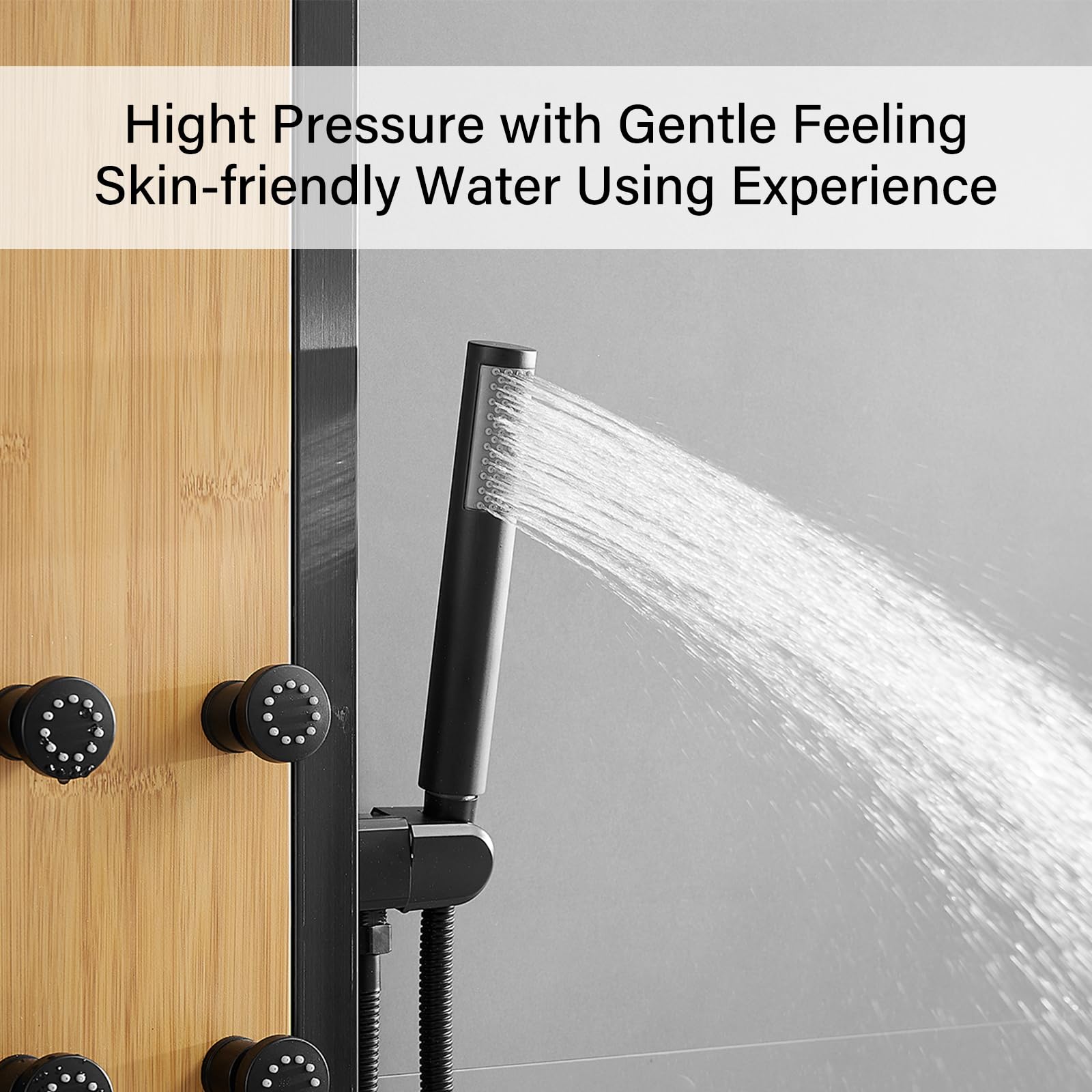 Premium Black Shower Tower with Natural Wood Accents - 304 Stainless Steel Shower Panel System Featuring 8-inch Rainfall Showerhead & 4 Massage Body Jets - Perfect for Home, Hotel, and Luxury Bathroom Renovations - Creates Spa-like Experience for Relaxation and Refreshment