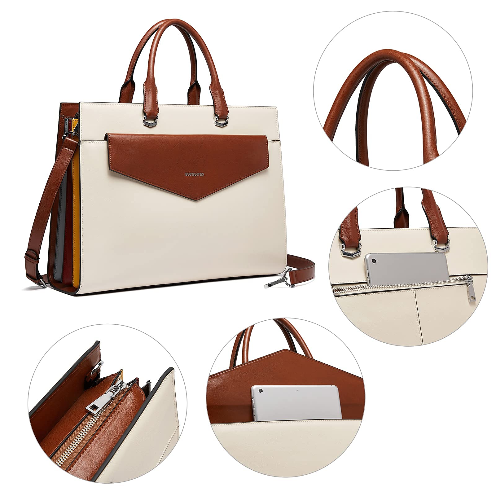 BOSTANTEN Women's Genuine Leather Laptop Tote Bag - 15.6 Inch Professional Work Briefcase Handbag in Beige - Perfect for Office, Business Travel & Daily Commute