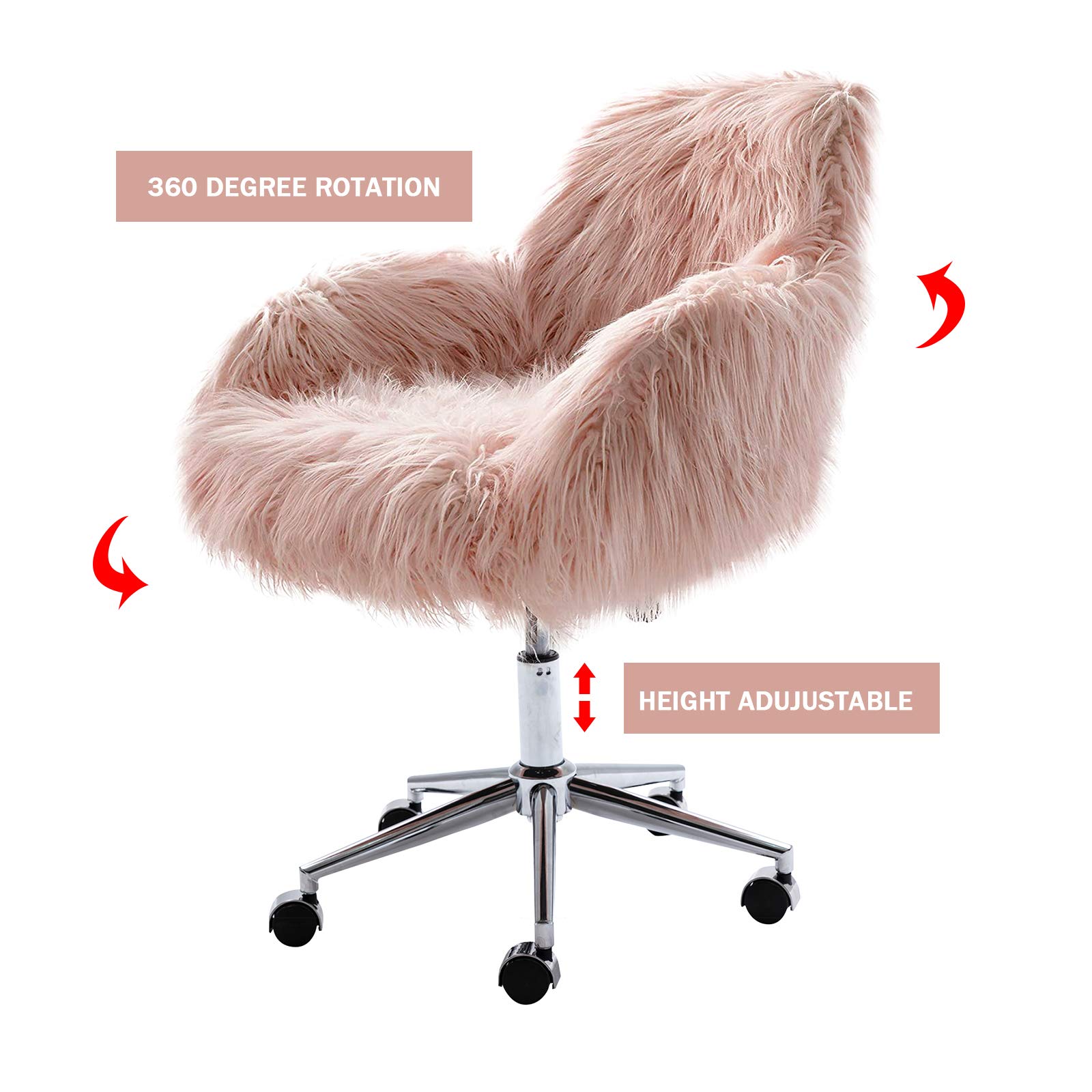 Fluffy Faux Fur Swivel Desk Chair - Adjustable Height Modern Home Office Chair for Women & Girls, Pink Vanity Accent Chair for Bedroom, Living Room & Makeup Room - Perfect for Work, Study and Relaxation