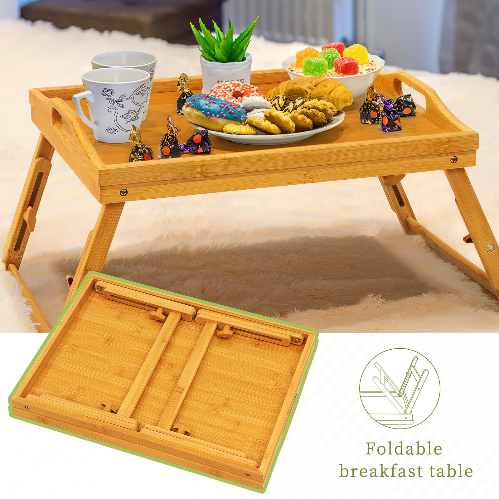 2 Pack Adjustable Bamboo Breakfast Bed Tray - 9.5
