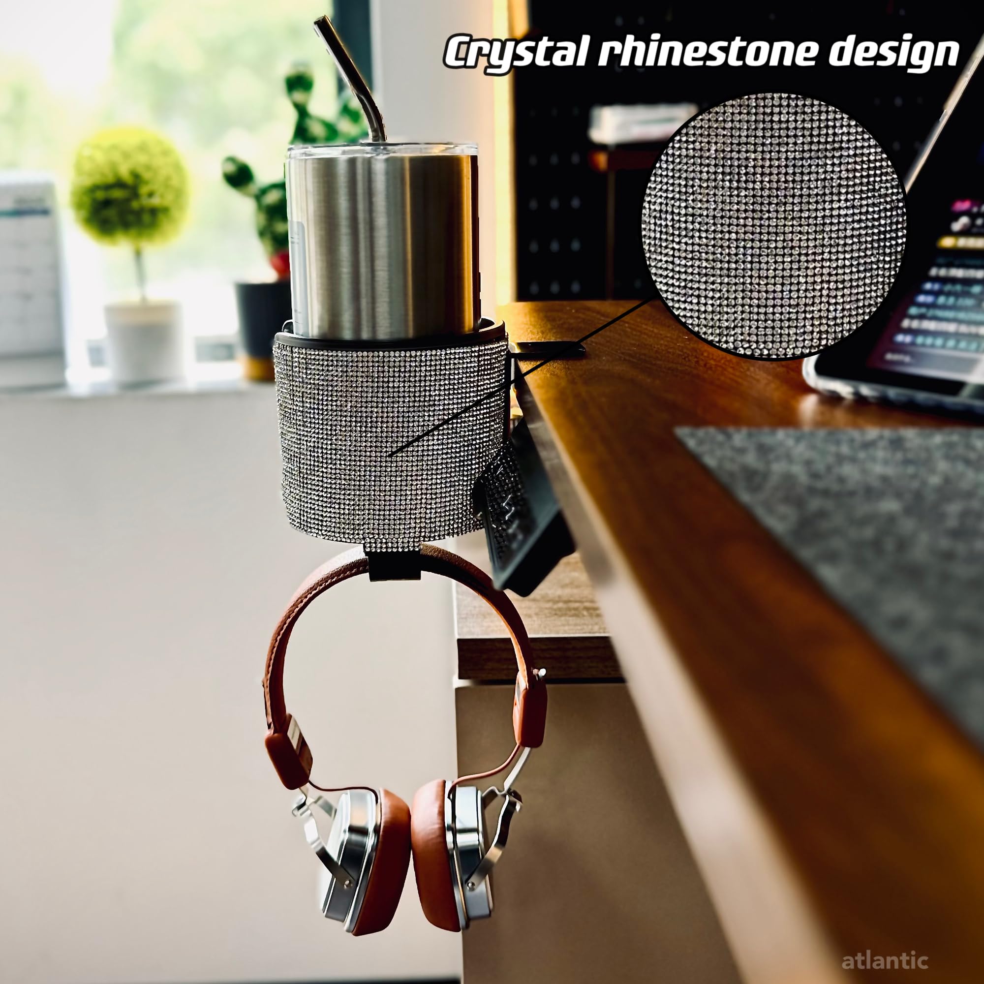 Premium 2-in-1 Desk Cup Holder with Crystal Accents - Stylish Drink Stand for Office, Home & Car Use - Spill-Proof Beverage Organizer for Coffee, Tea & Water Bottles