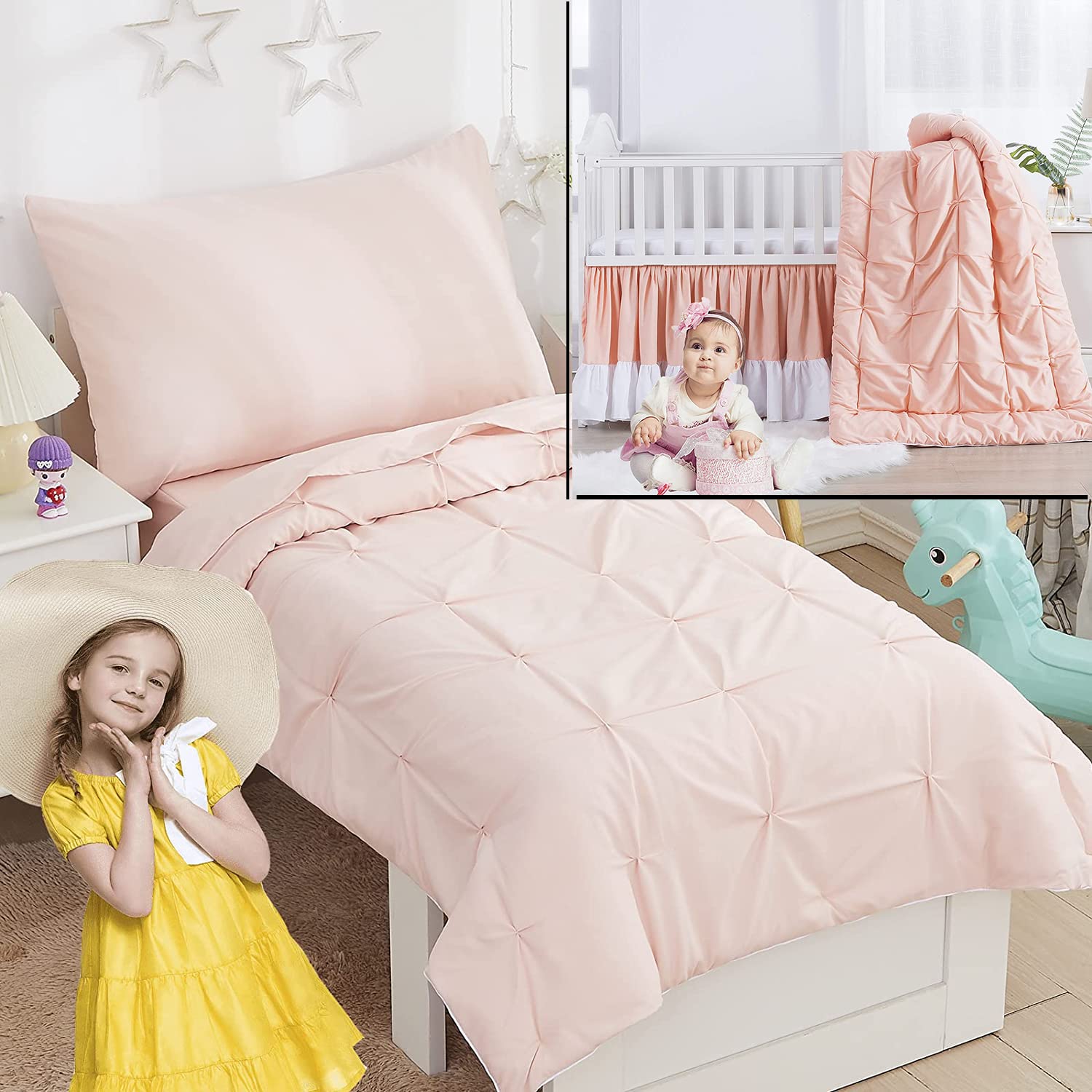 Brandream 7-Piece Pink Pintuff Toddler Bedding Set - Soft Baby Crib Comforter with Luxurious Design for Nursery & Kids Room Decor | Perfect for Newborns, Infants & Toddlers (0-3 Years)