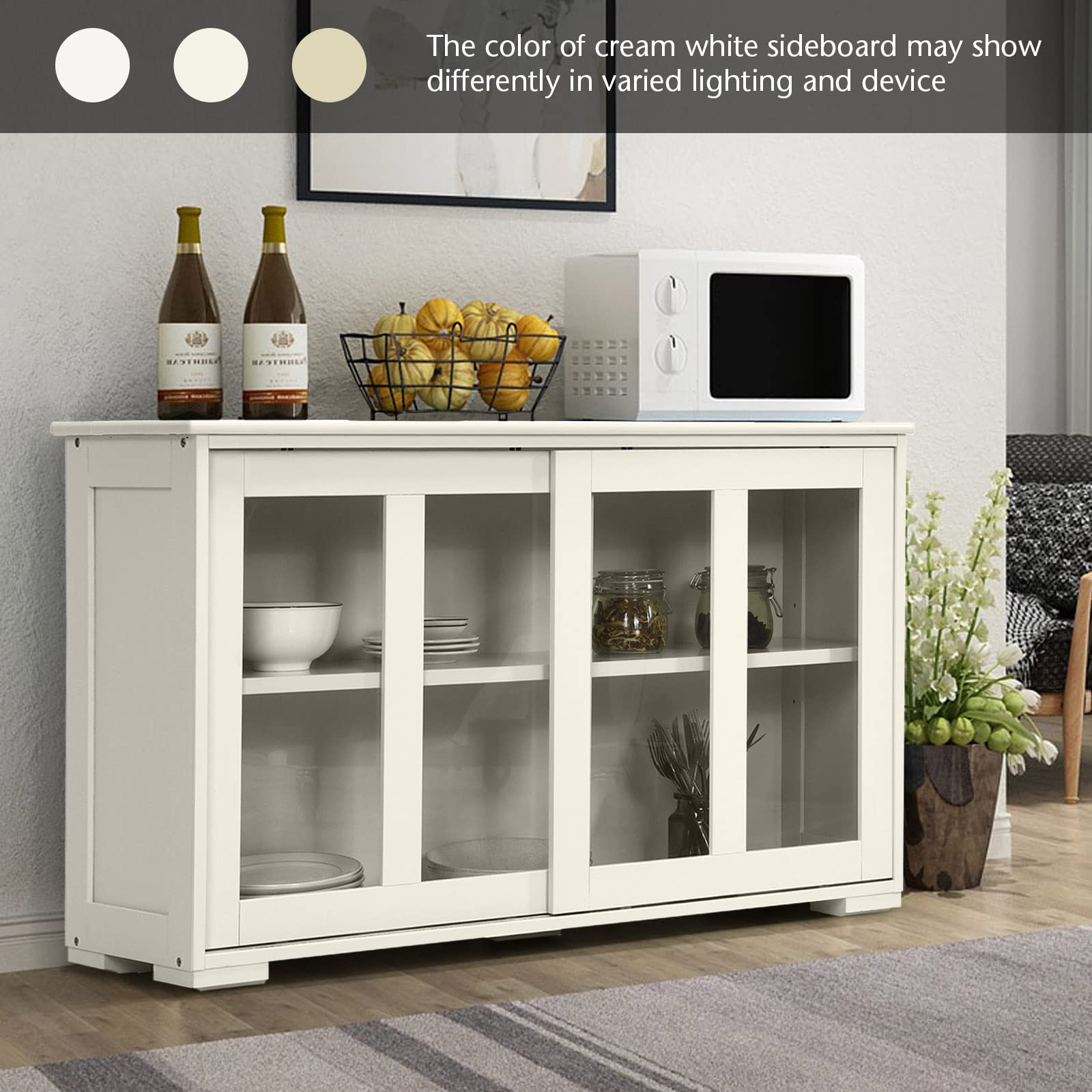 Stackable Sideboard Buffet Cabinet with Adjustable Shelves & Glass Sliding Doors - White Wooden Credenza Storage Table for Kitchen, Dining Room, Living Room | Perfect for Coffee Bar Setup, Entryway Organization & Home Decor