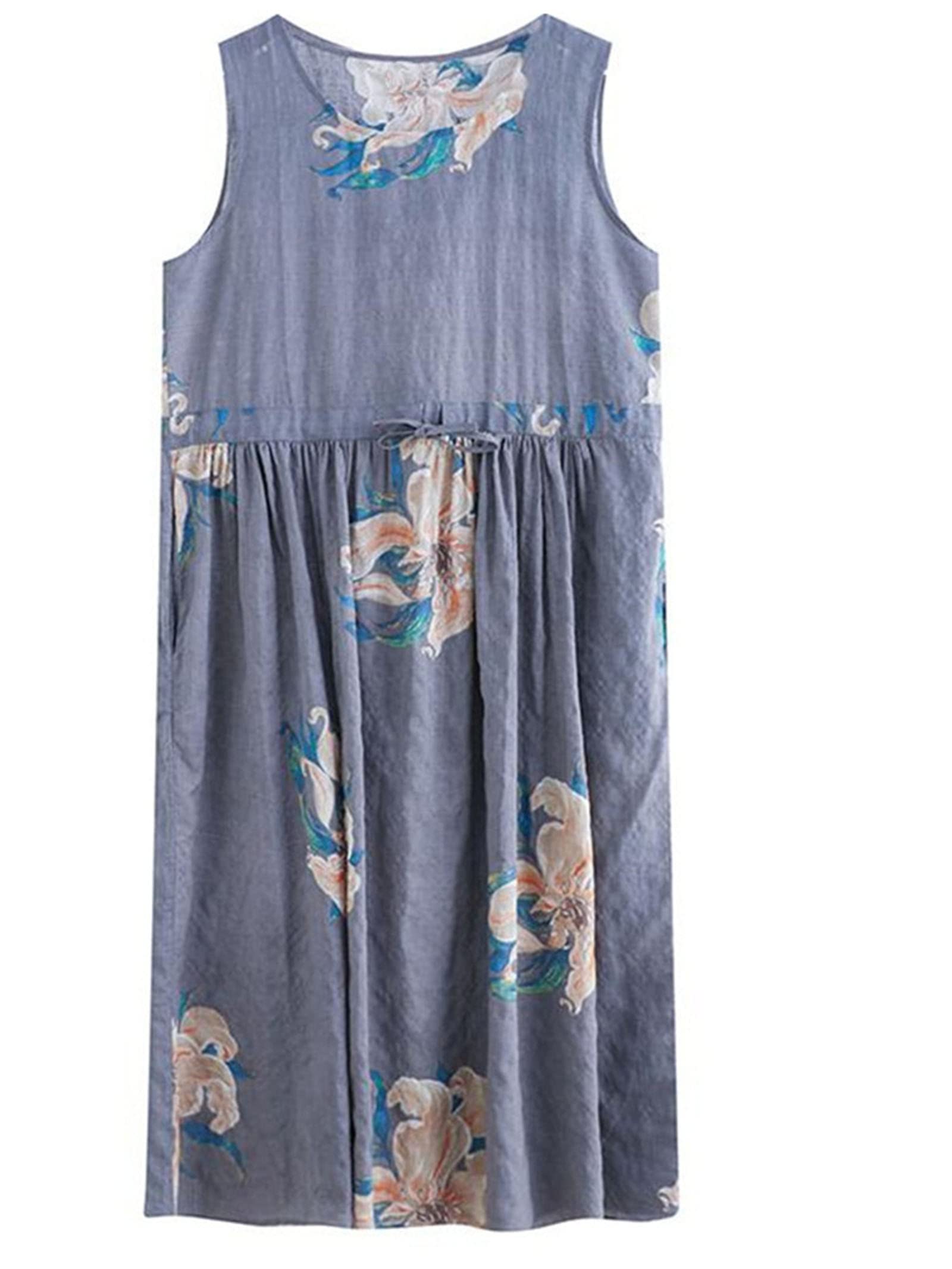 Women's Vintage Floral Sleeveless Cotton Linen Dress - Casual Loose Long Summer Dress with Adjustable Straps | Perfect for Beach Vacations, Garden Parties & Boho Style Outfits